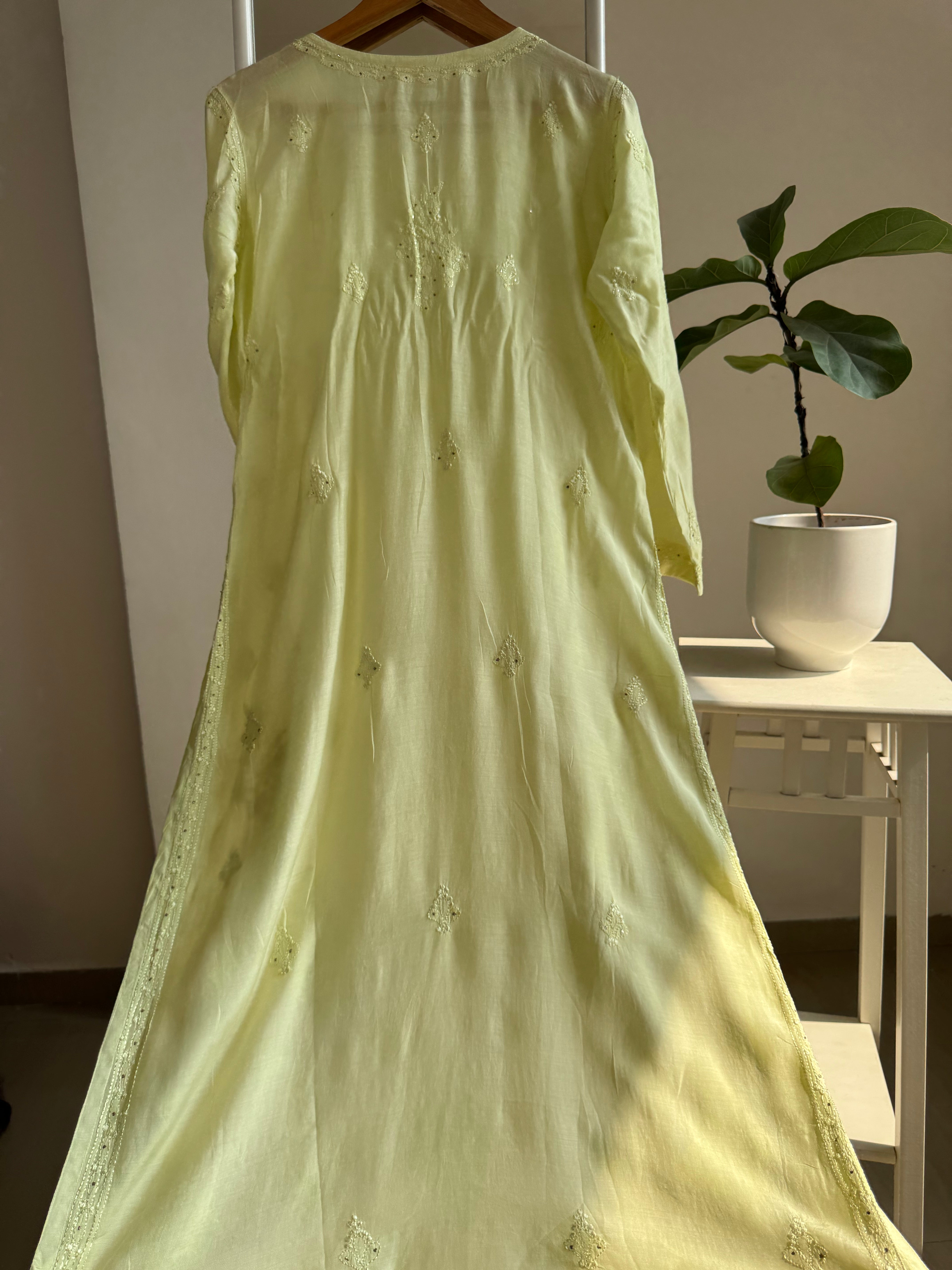 Muslin Chikankari Kurti with Mukaish work - Lemon Green ARIAA CHIKANKARI