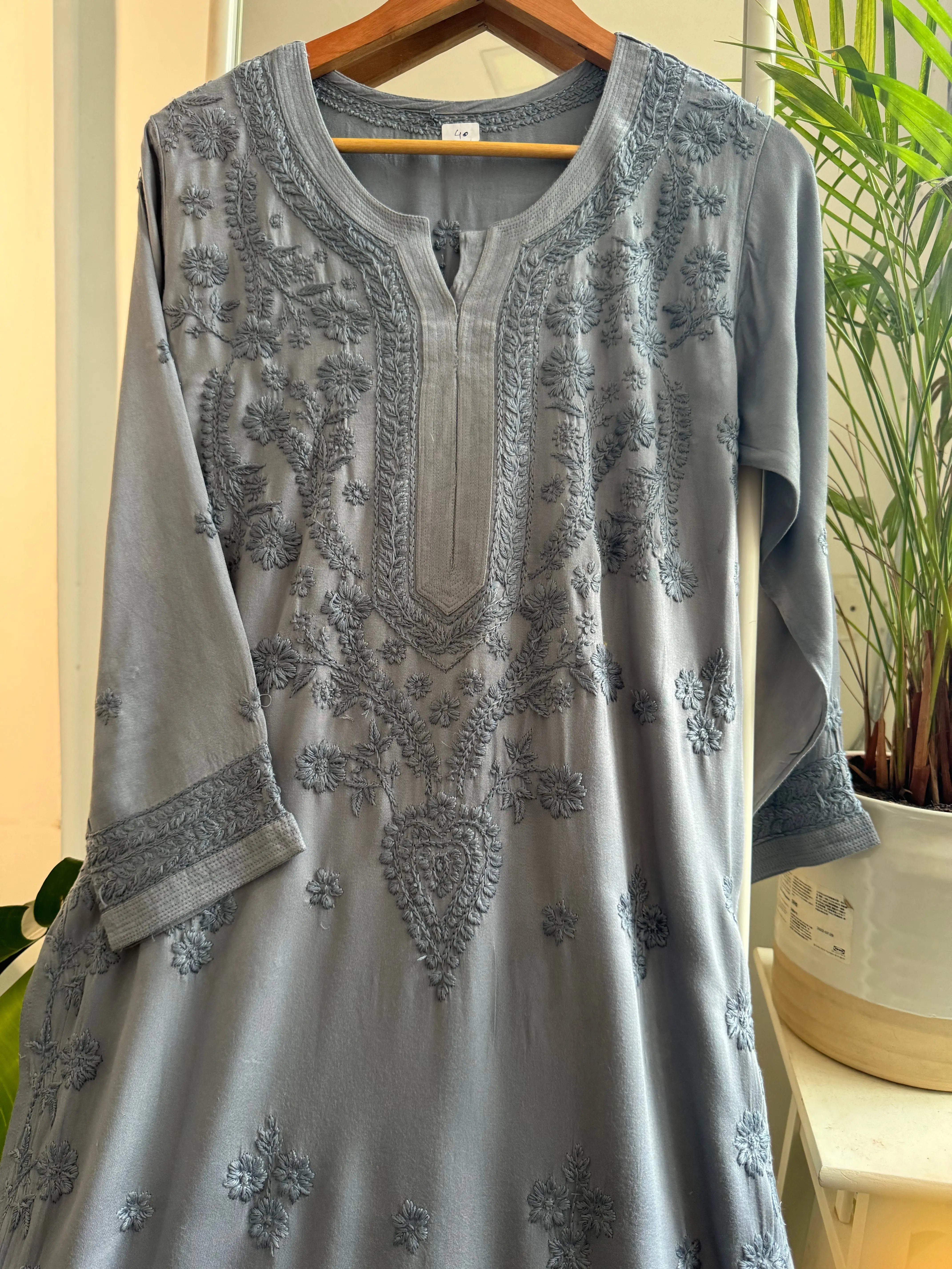 Cotton Chikankari Kurti - Grey ARIAA CHIKANKARI