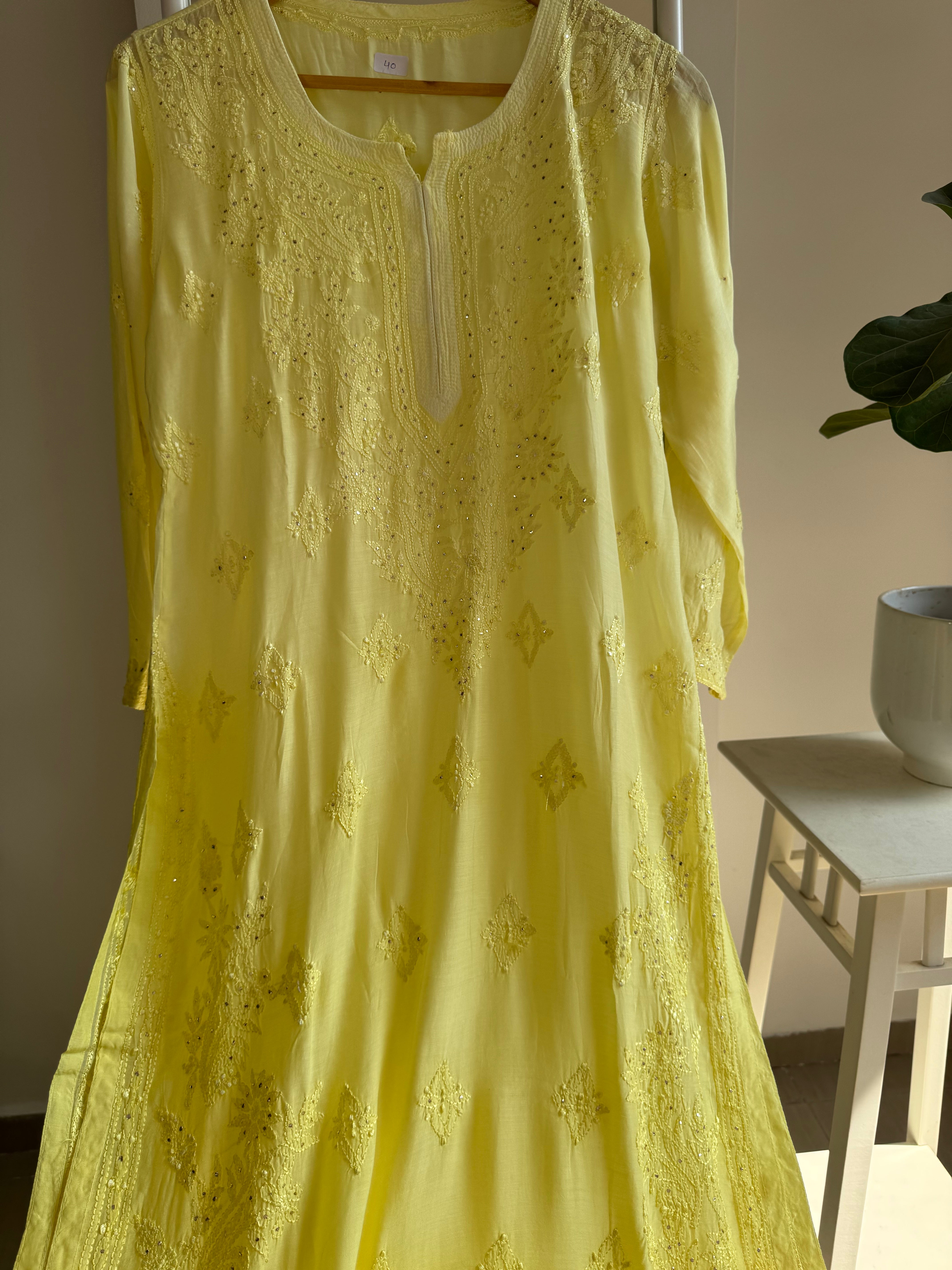Muslin Chikankari Kurti with Mukaish work - Lemon Yellow Ombre ARIAA CHIKANKARI