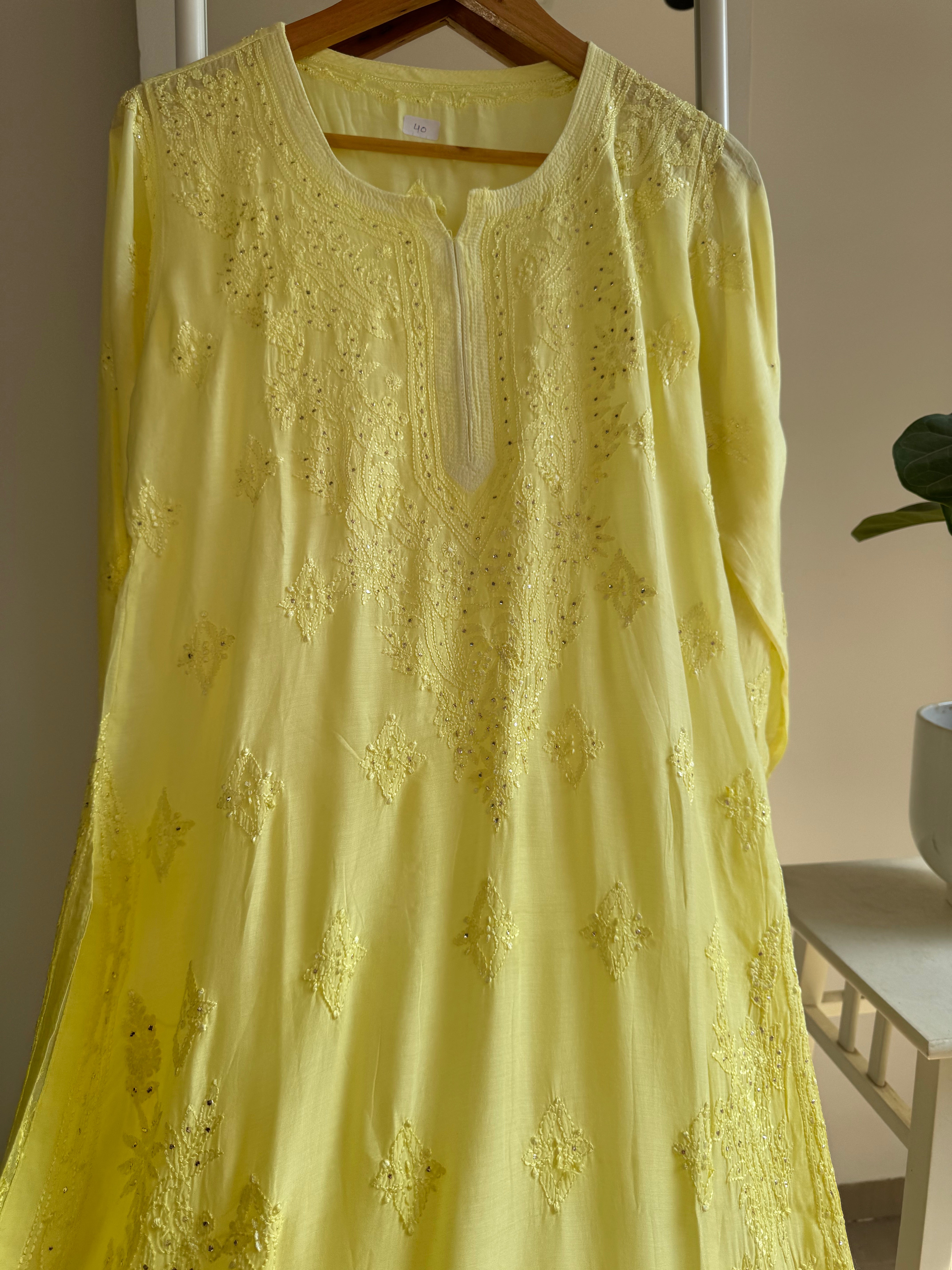 Muslin Chikankari Kurti with Mukaish work - Lemon Yellow Ombre ARIAA CHIKANKARI