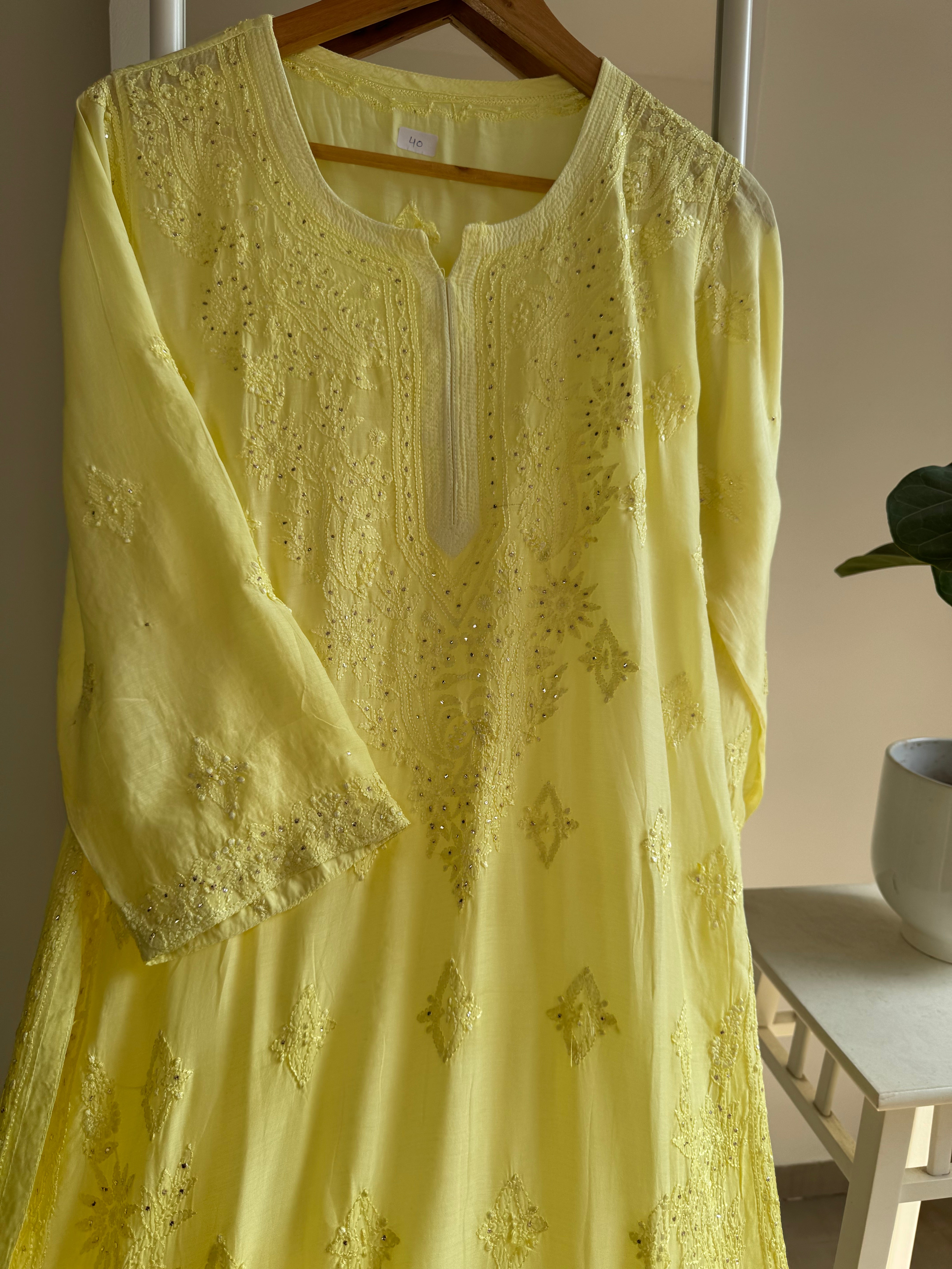 Muslin Chikankari Kurti with Mukaish work - Lemon Yellow Ombre ARIAA CHIKANKARI