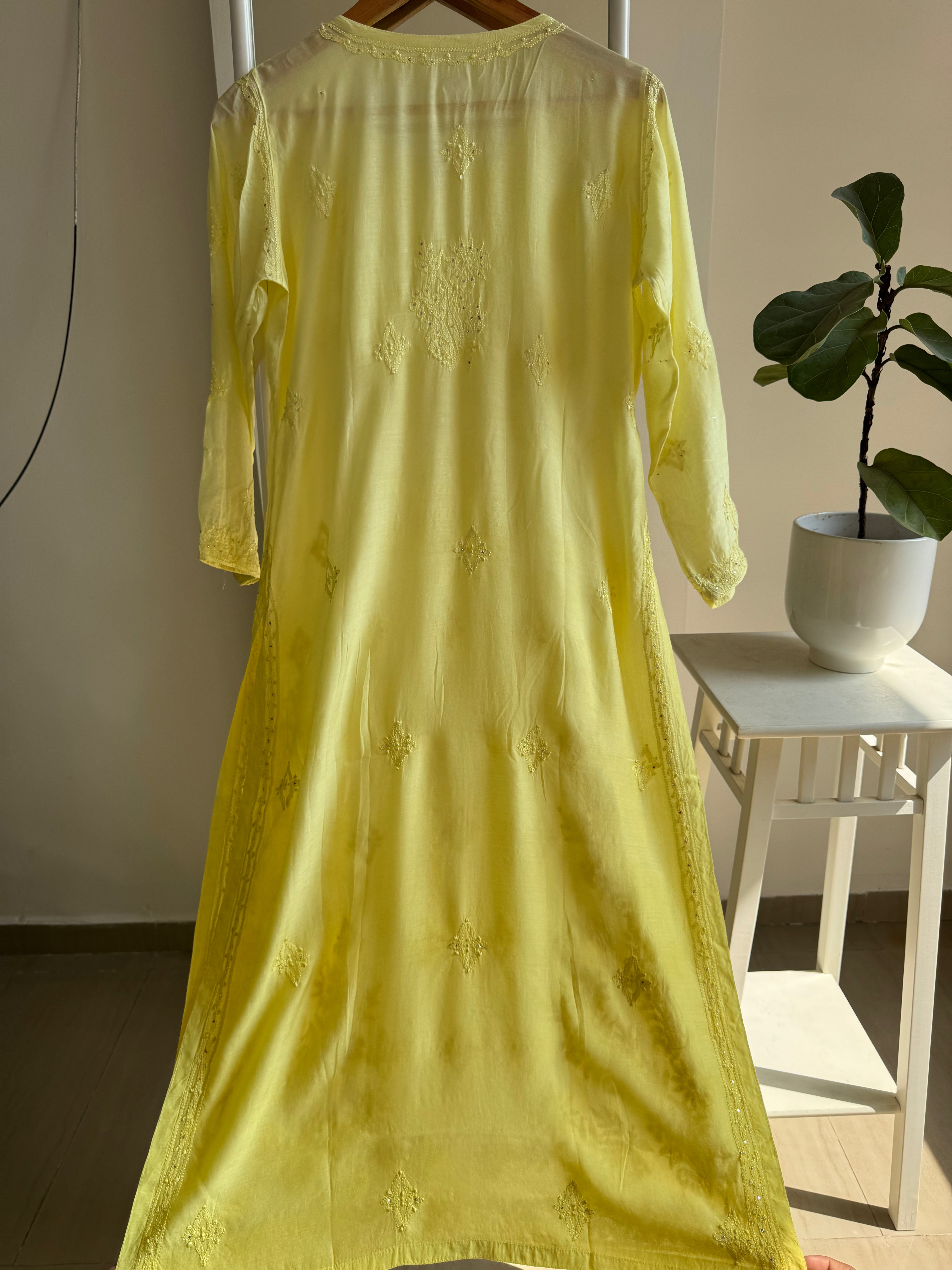 Muslin Chikankari Kurti with Mukaish work - Lemon Yellow Ombre ARIAA CHIKANKARI