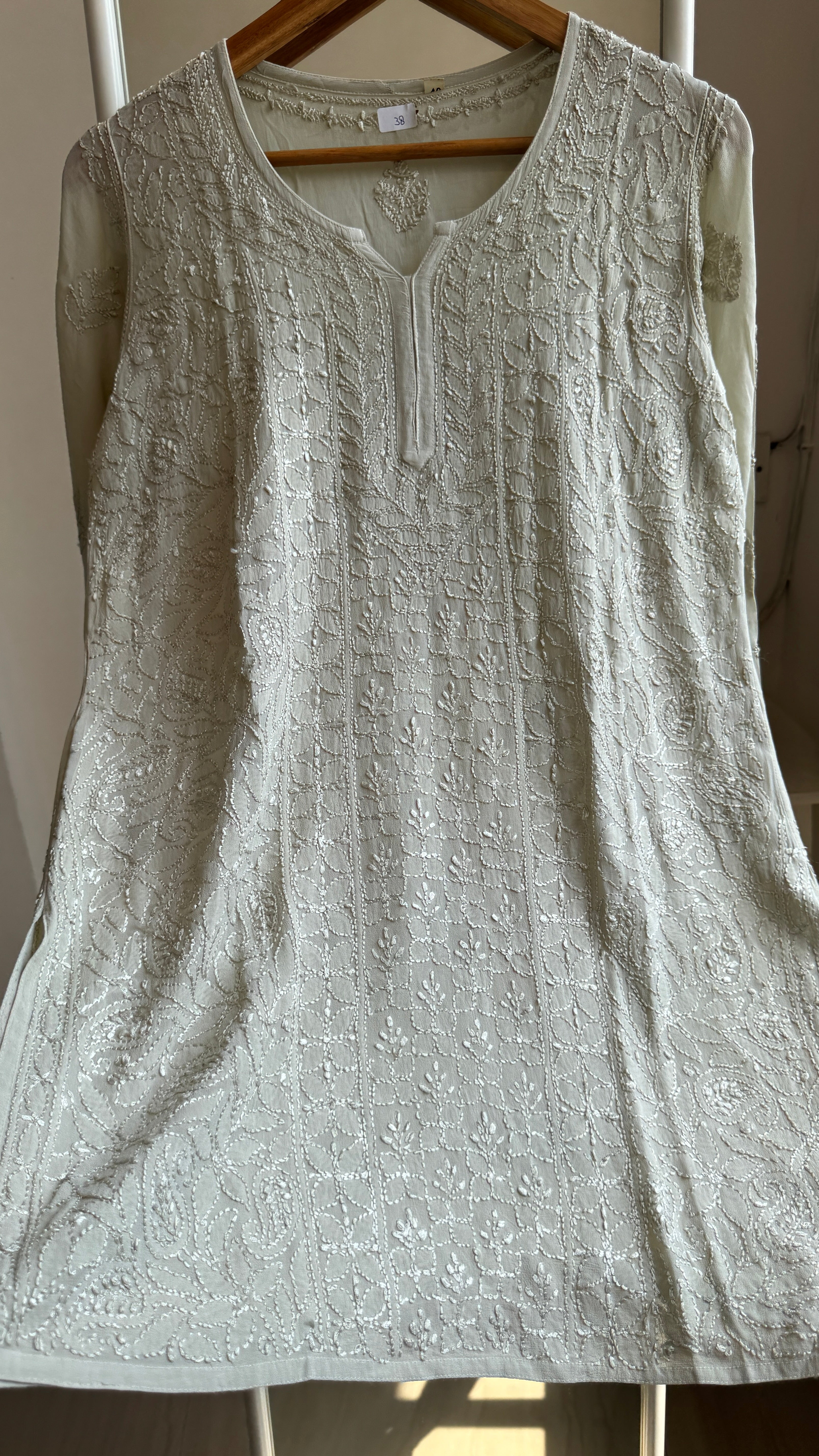 Chikankari Viscose Georgette short Top in Sage Green