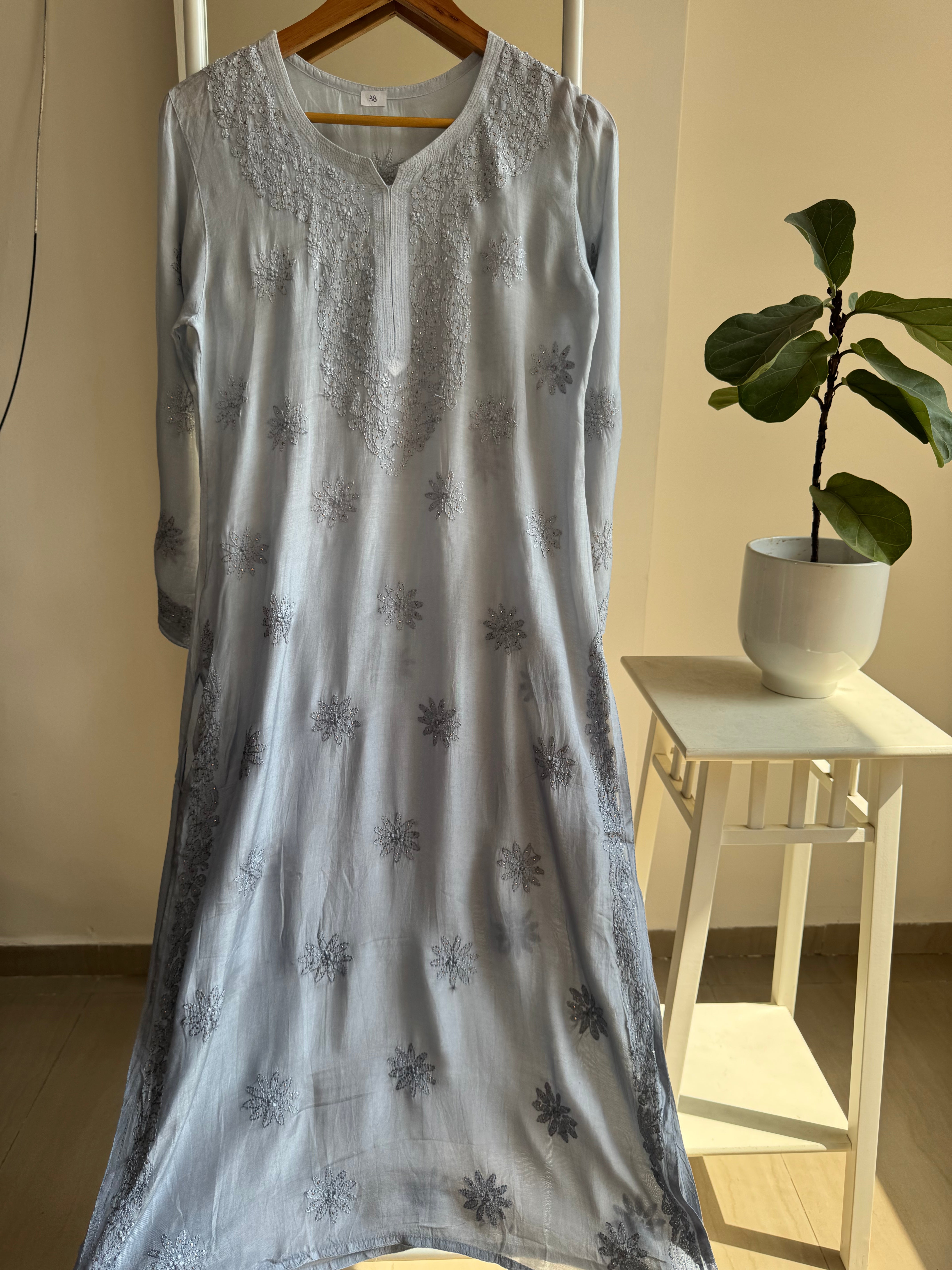 Muslin Chikankari Kurti with Mukaish work - Grey Ombre ARIAA CHIKANKARI