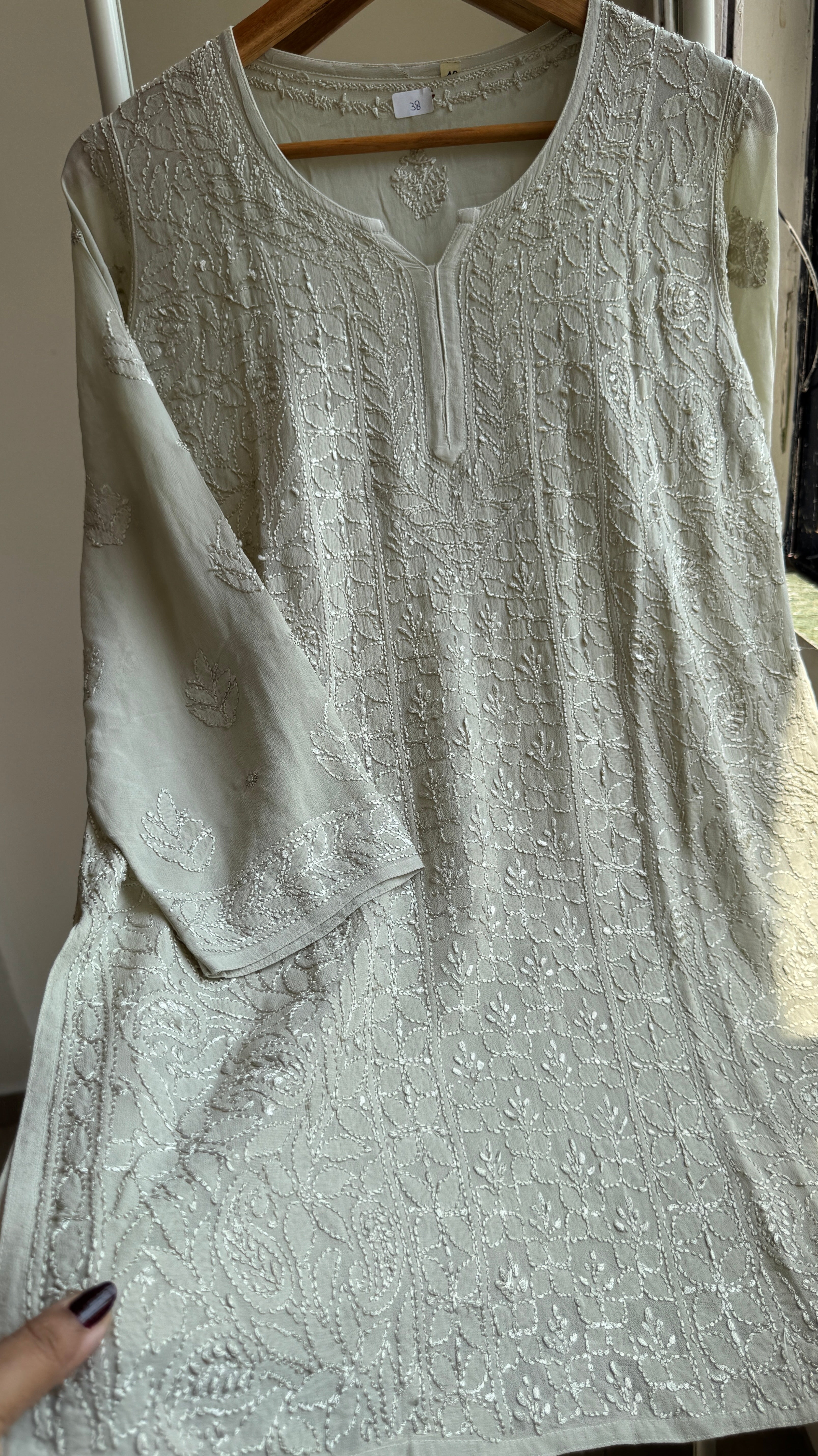 Chikankari Viscose Georgette short Top in Sage Green