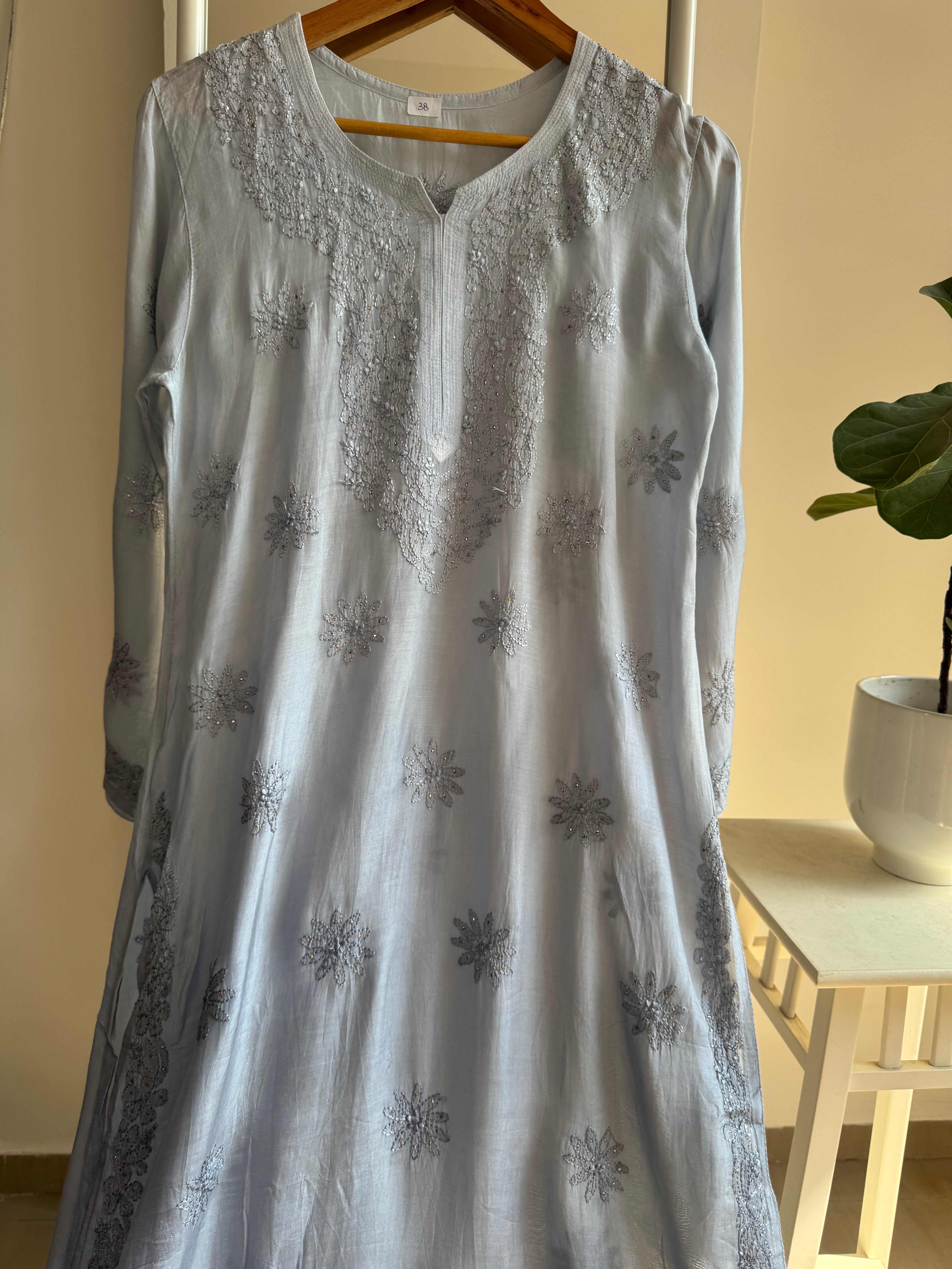 Muslin Chikankari Kurti with Mukaish work - Grey Ombre ARIAA CHIKANKARI