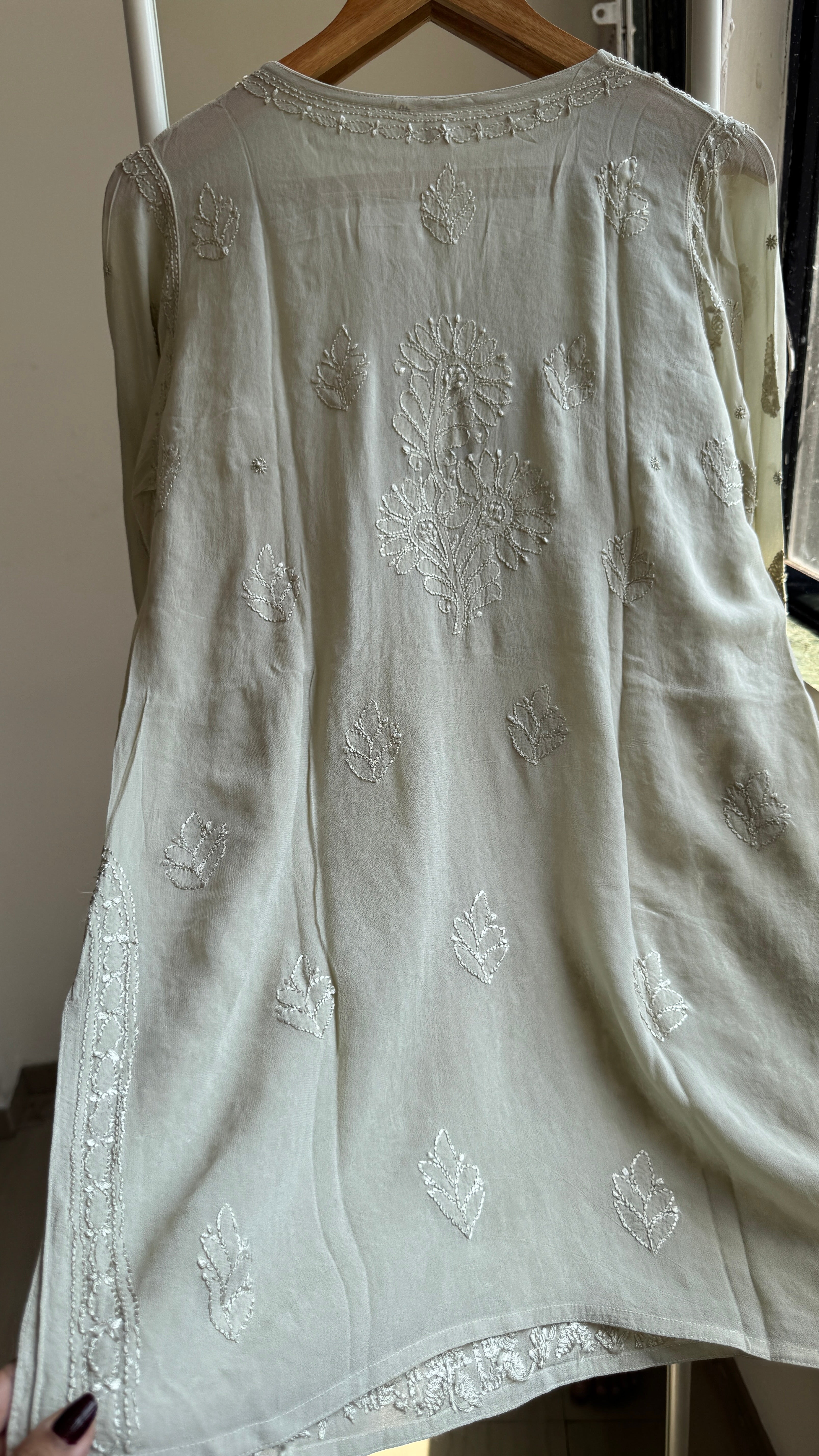 Chikankari Viscose Georgette short Top in Sage Green