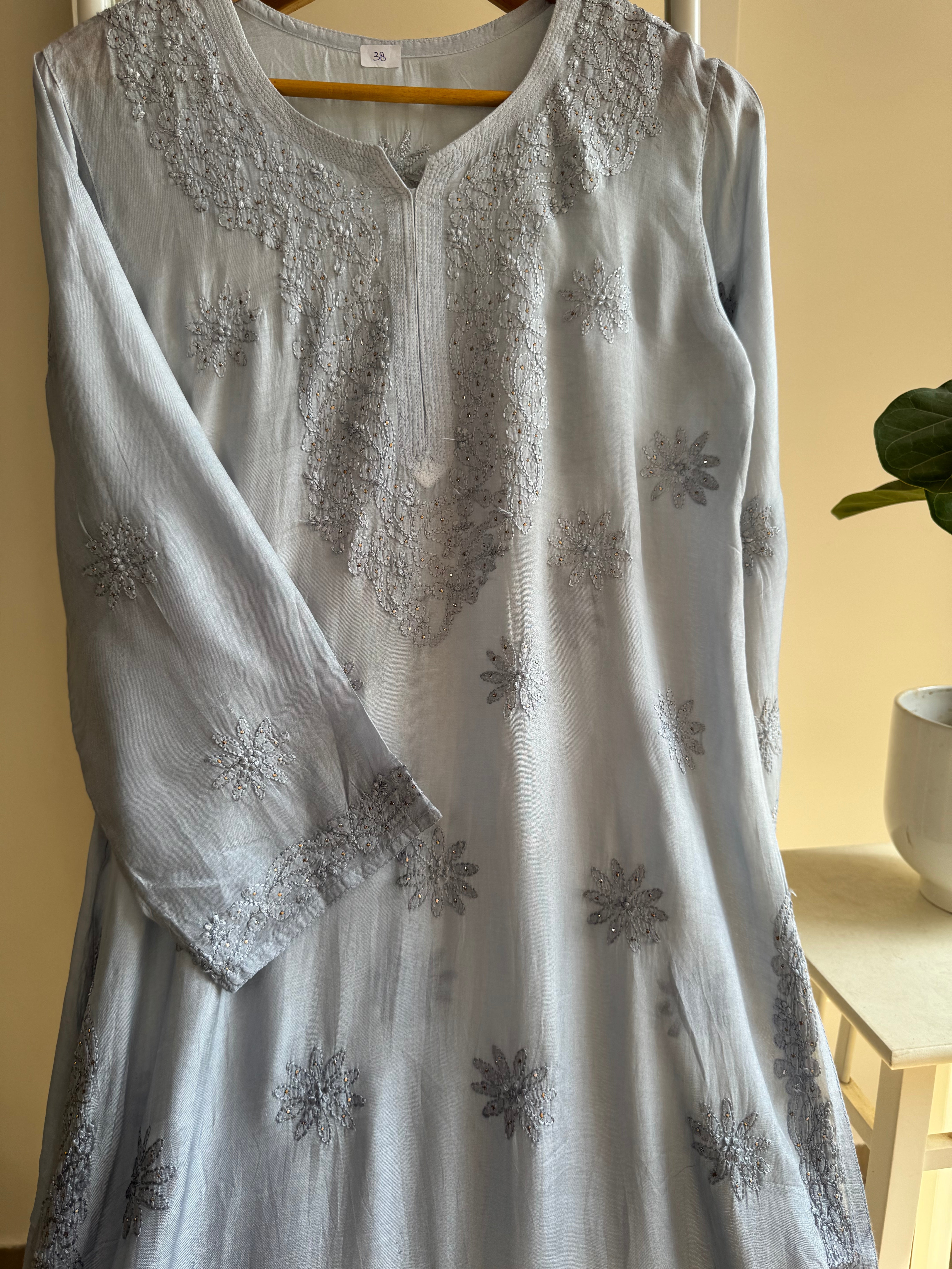 Muslin Chikankari Kurti with Mukaish work - Grey Ombre ARIAA CHIKANKARI