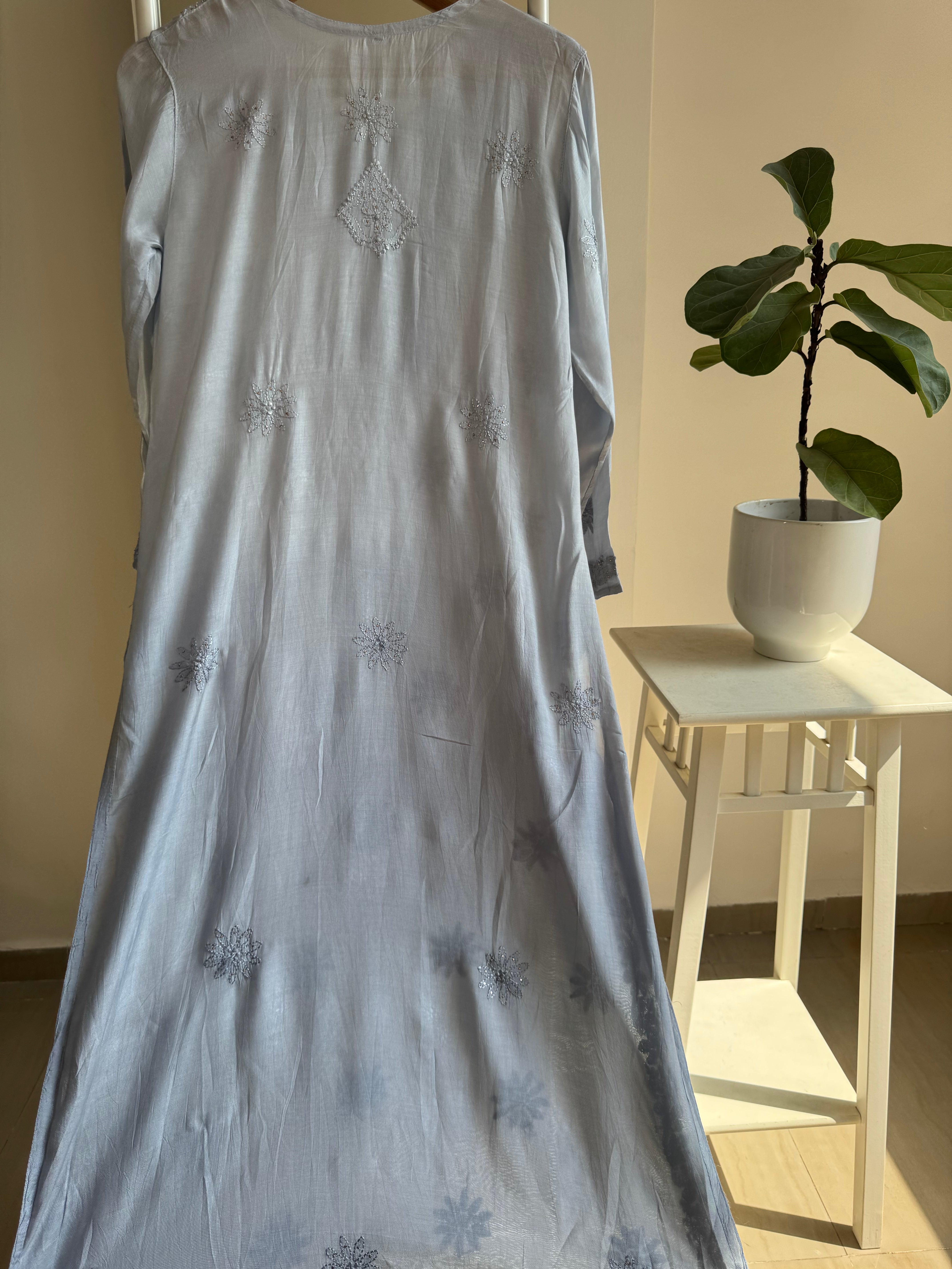 Muslin Chikankari Kurti with Mukaish work - Grey Ombre ARIAA CHIKANKARI