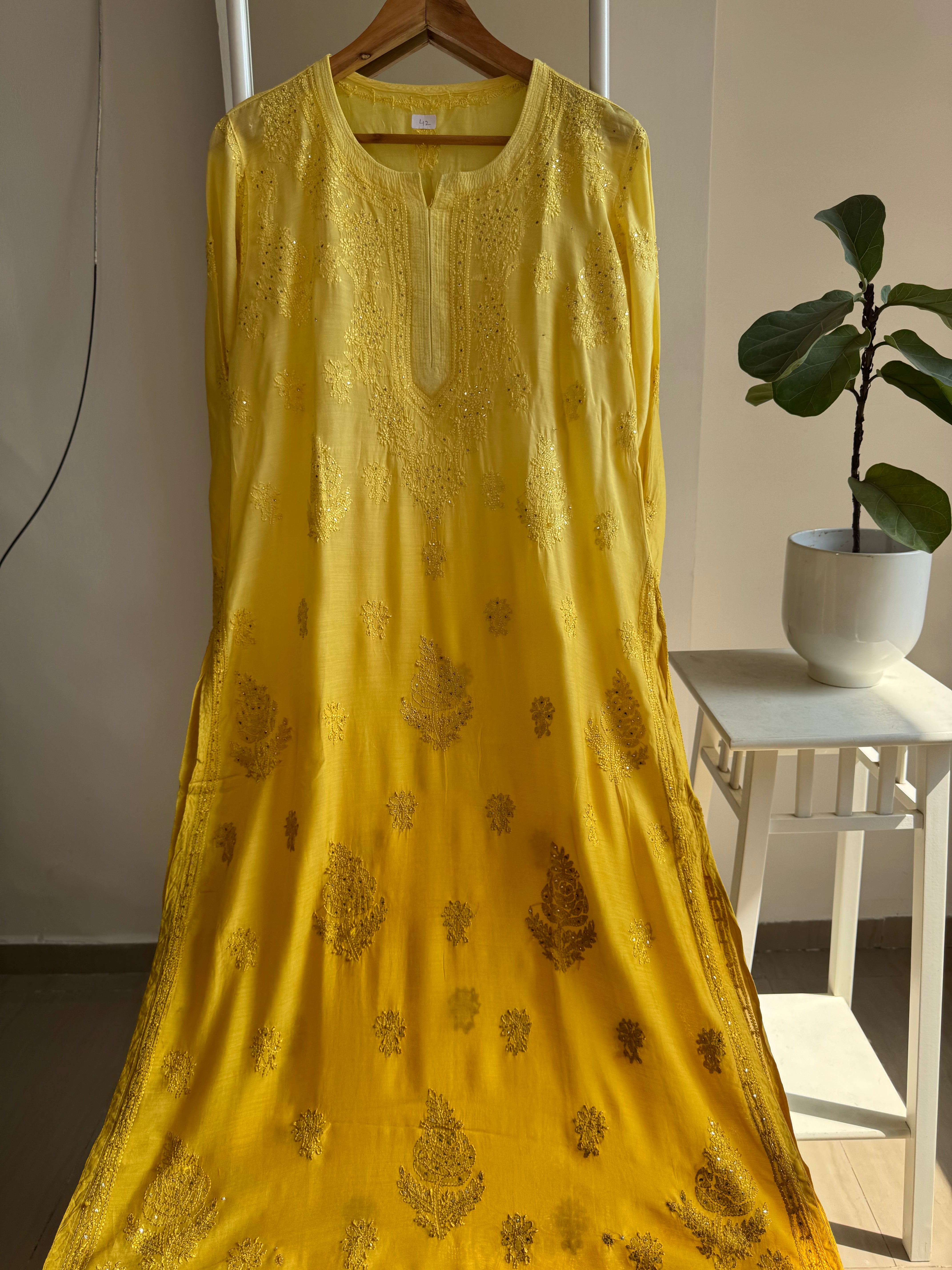 Muslin Chikankari Kurti with Mukaish work - Canary Yellow