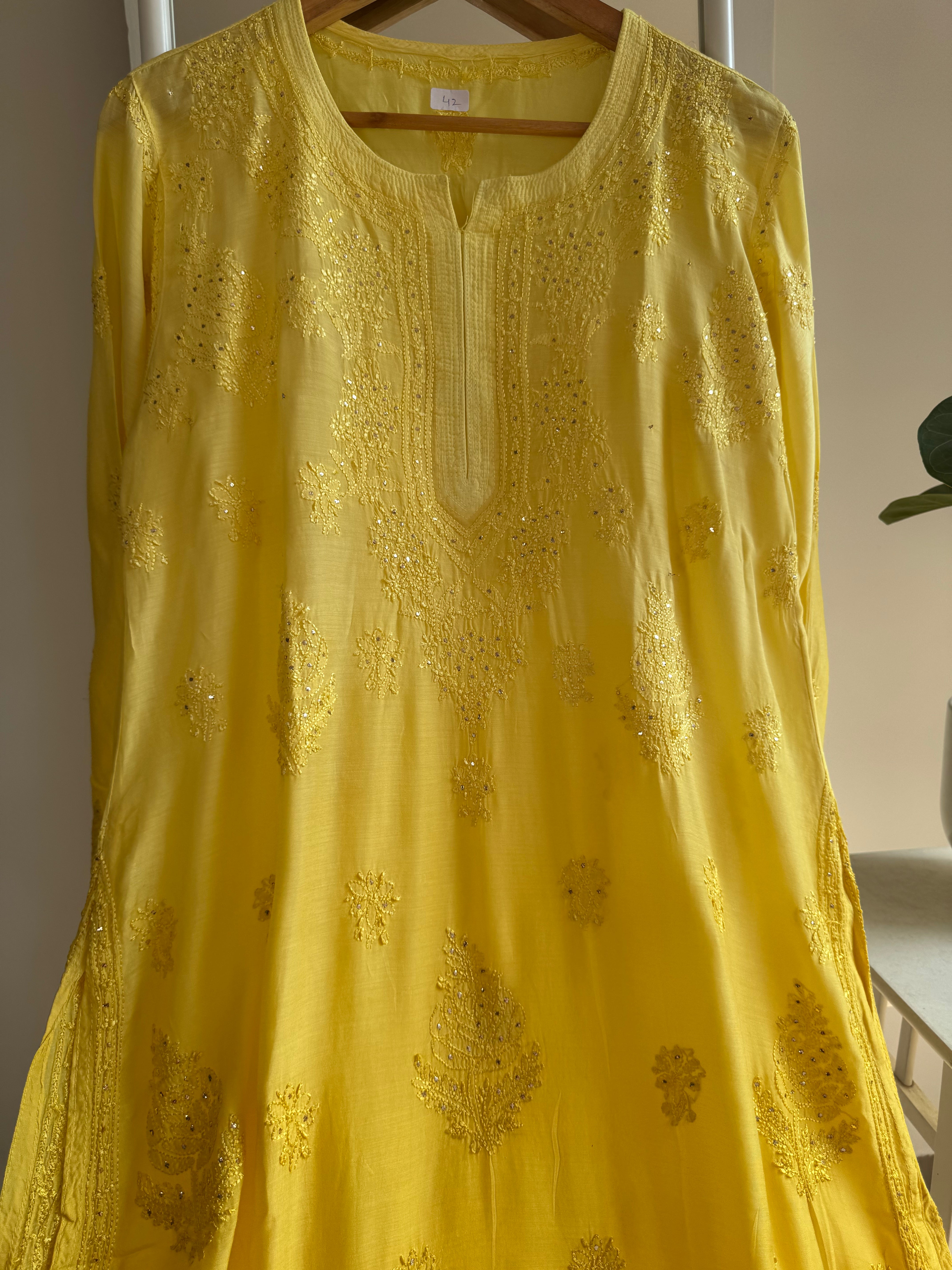 Muslin Chikankari Kurti with Mukaish work - Canary Yellow