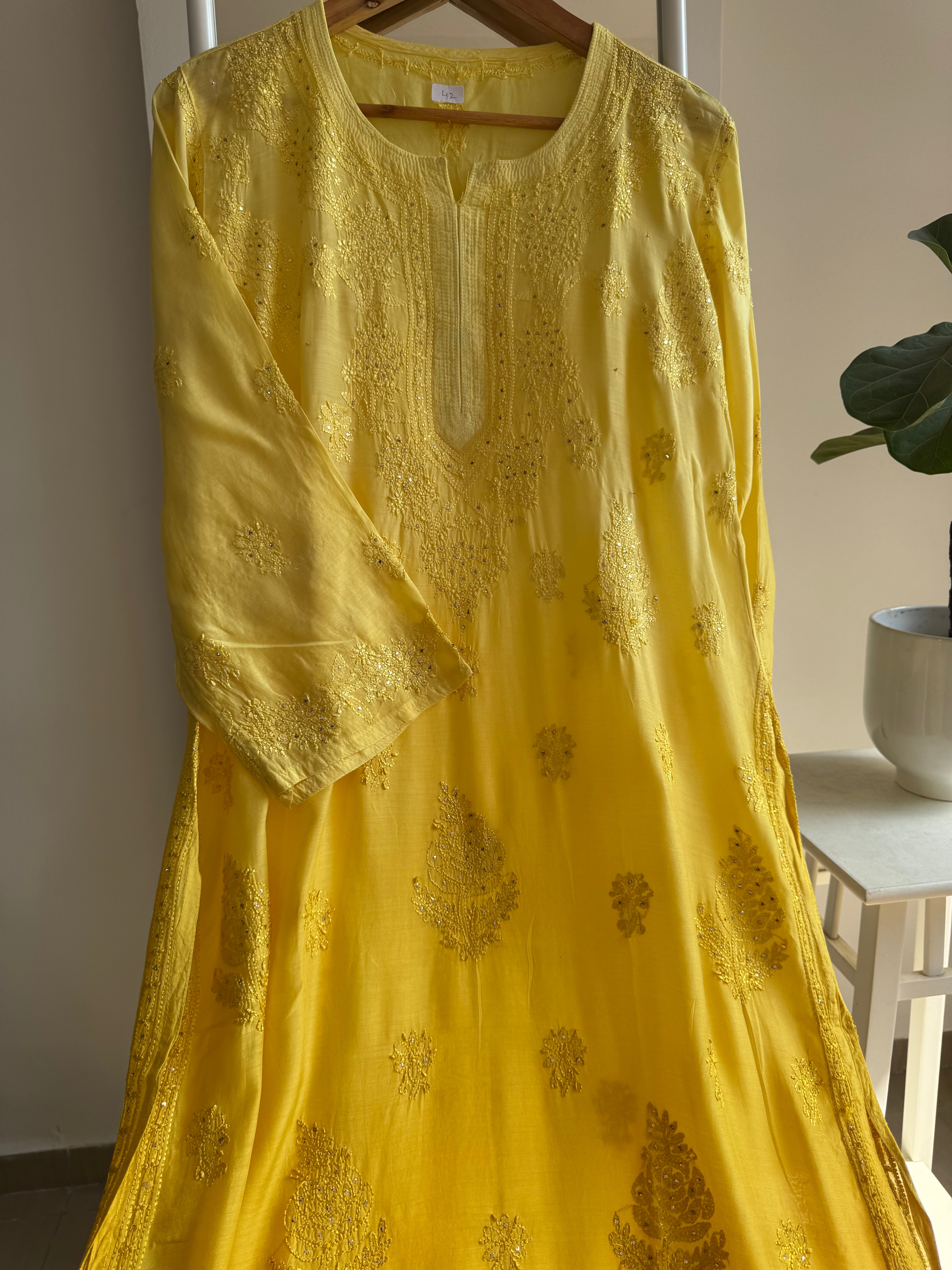 Muslin Chikankari Kurti with Mukaish work - Canary Yellow