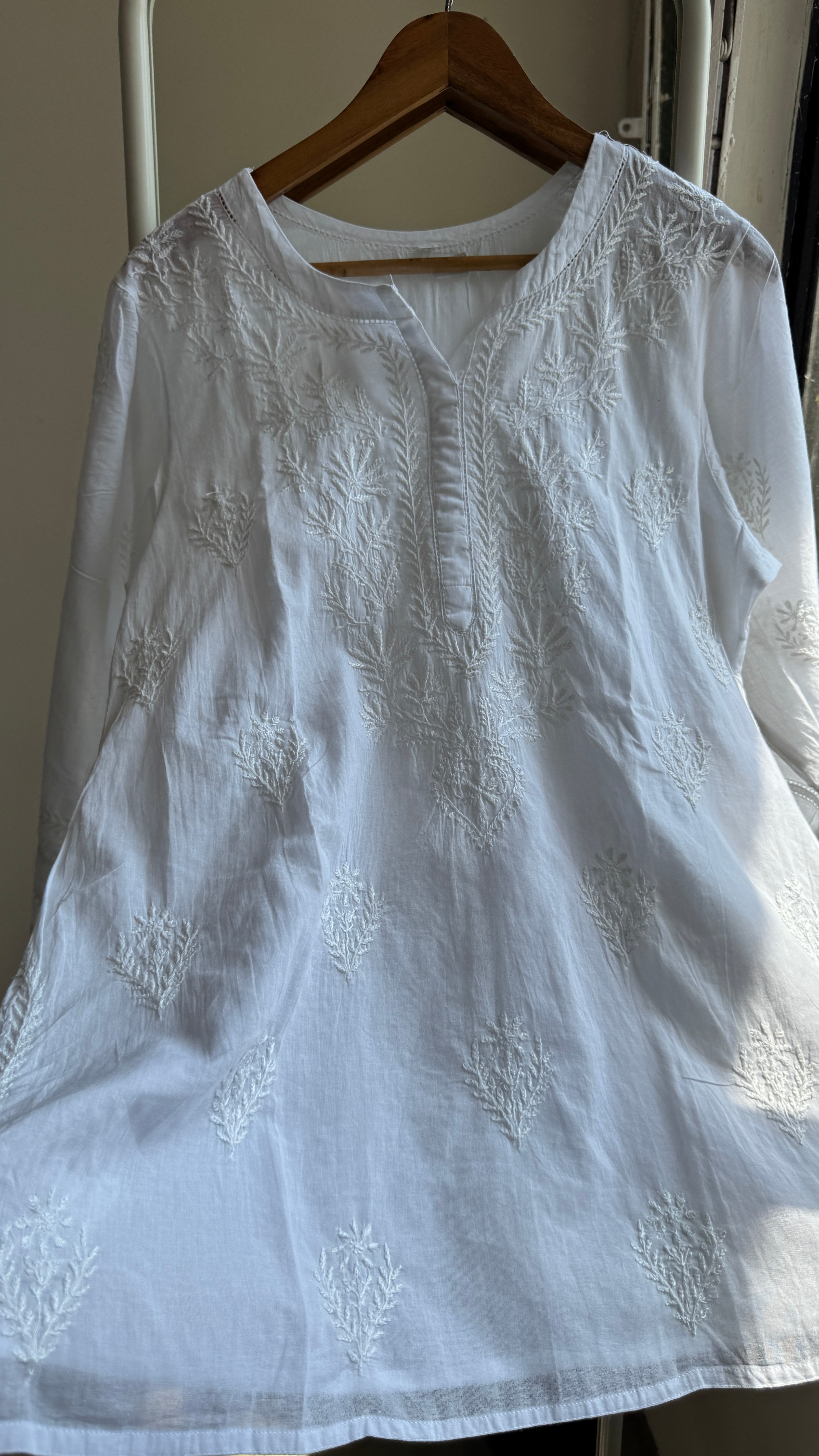 Mul Cotton Chikankari Full sleeves short Top - White - ZOYA Collection