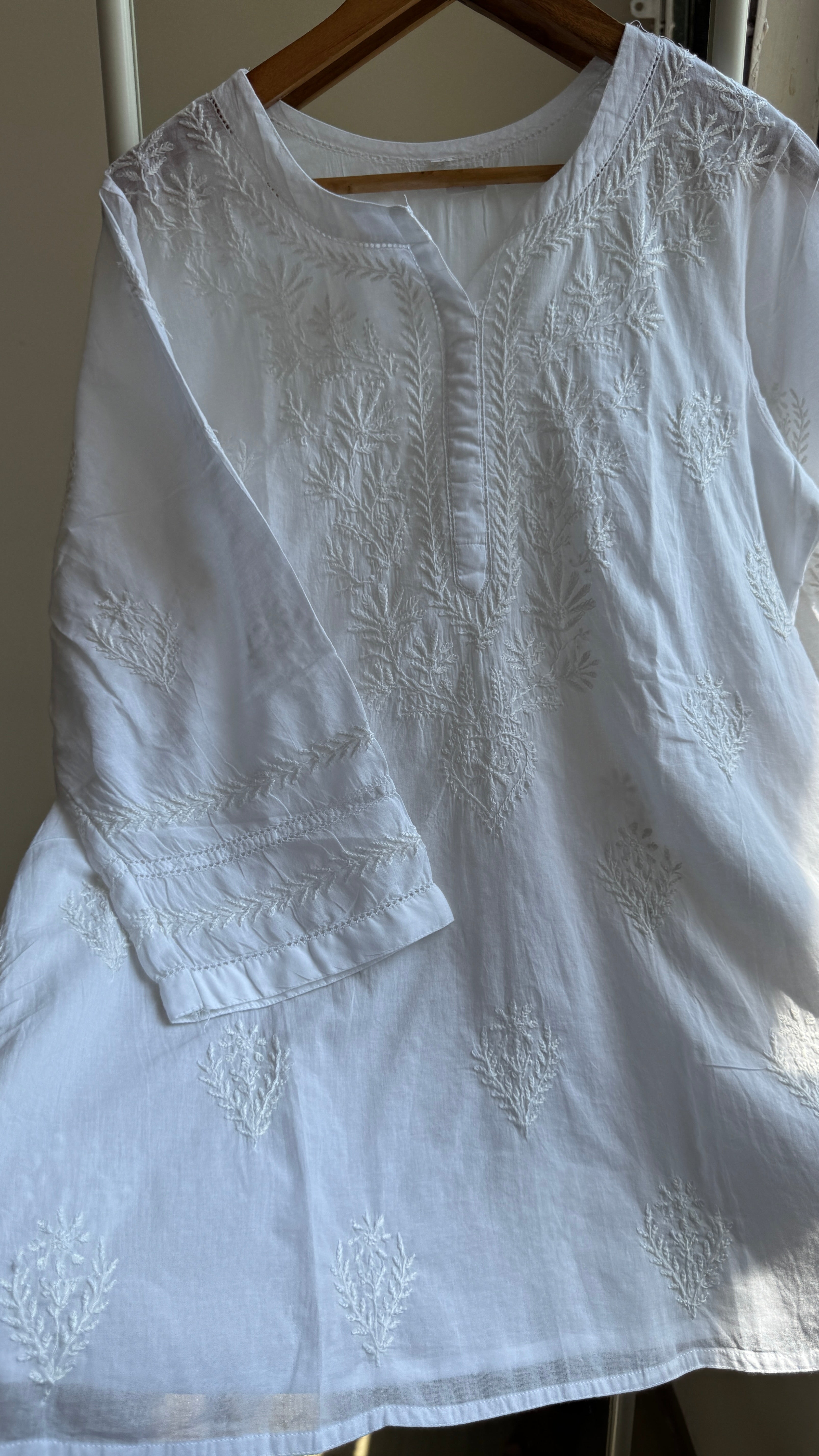Mul Cotton Chikankari Full sleeves short Top - White - ZOYA Collection