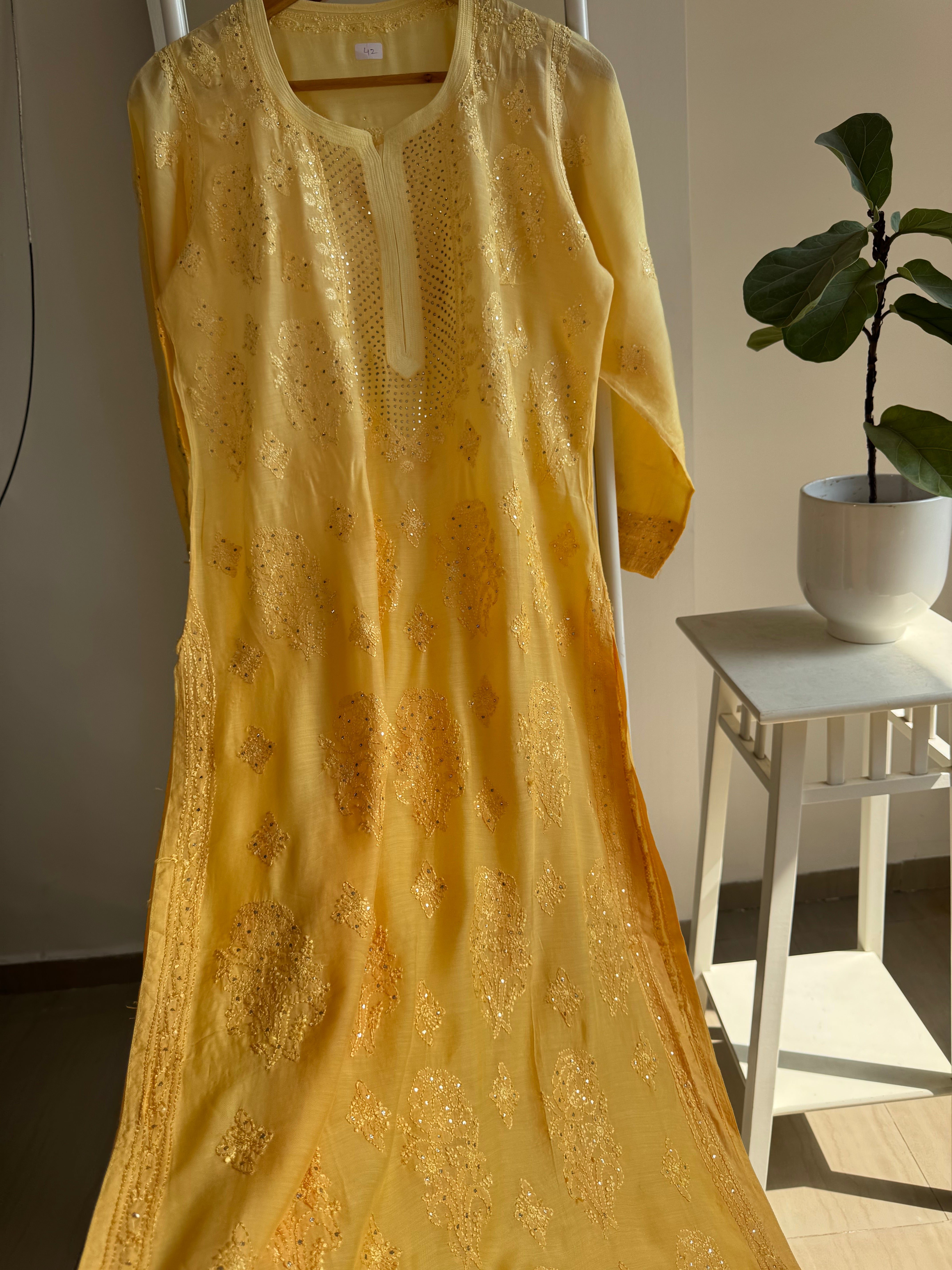 Muslin Chikankari Kurti with Mukaish work - Yellow Ombre ARIAA CHIKANKARI