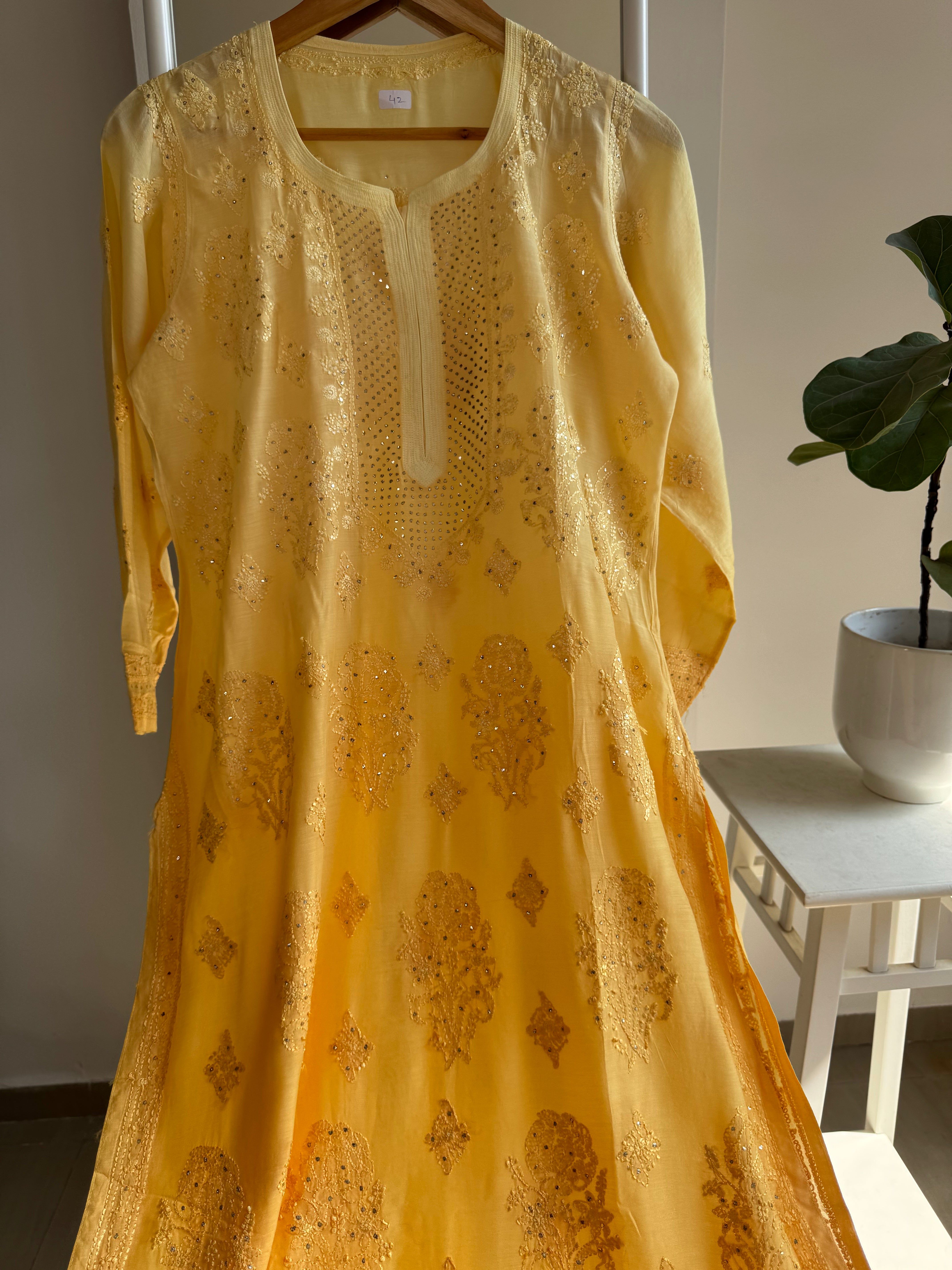 Muslin Chikankari Kurti with Mukaish work - Yellow Ombre