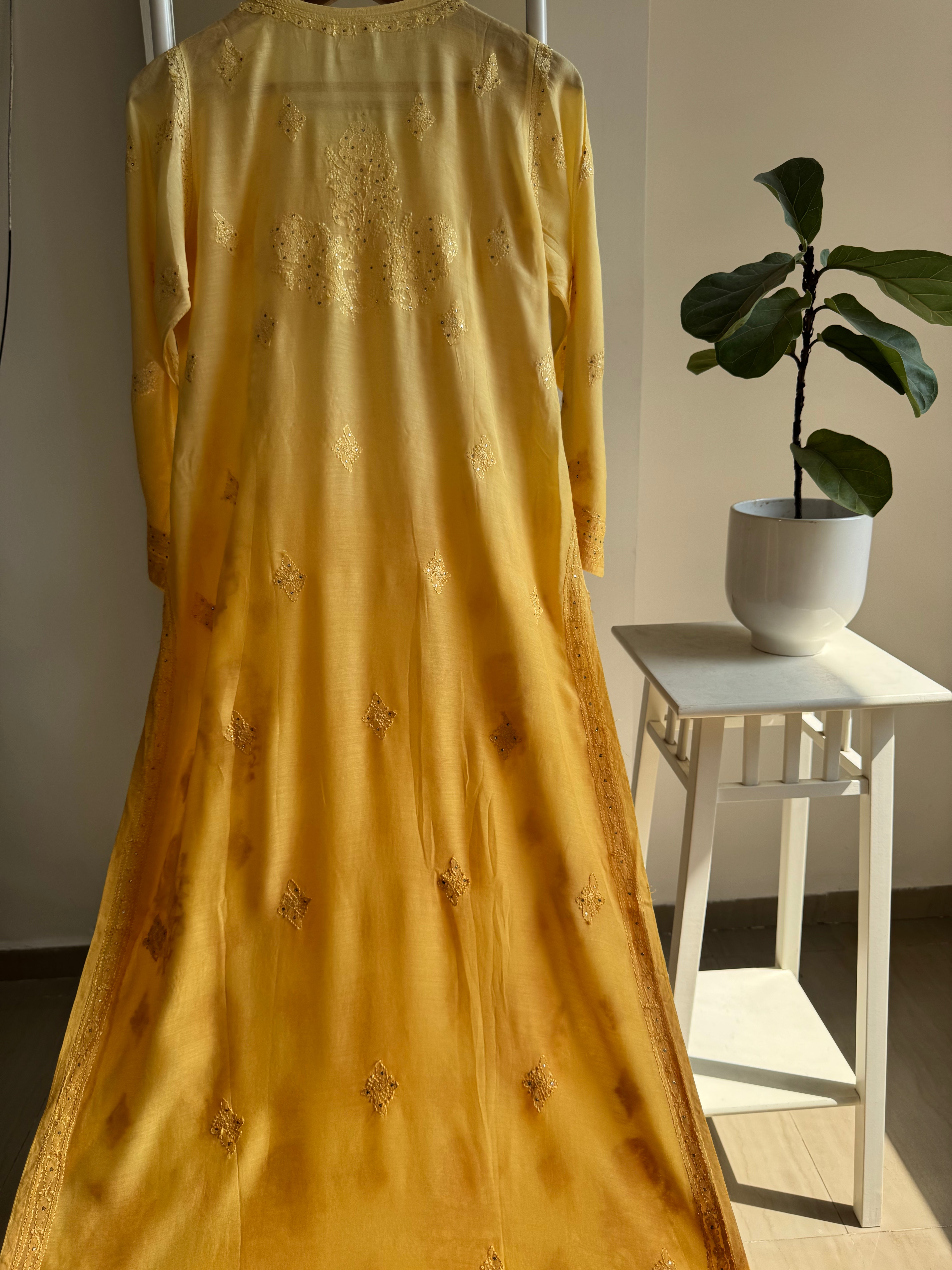 Muslin Chikankari Kurti with Mukaish work - Yellow Ombre