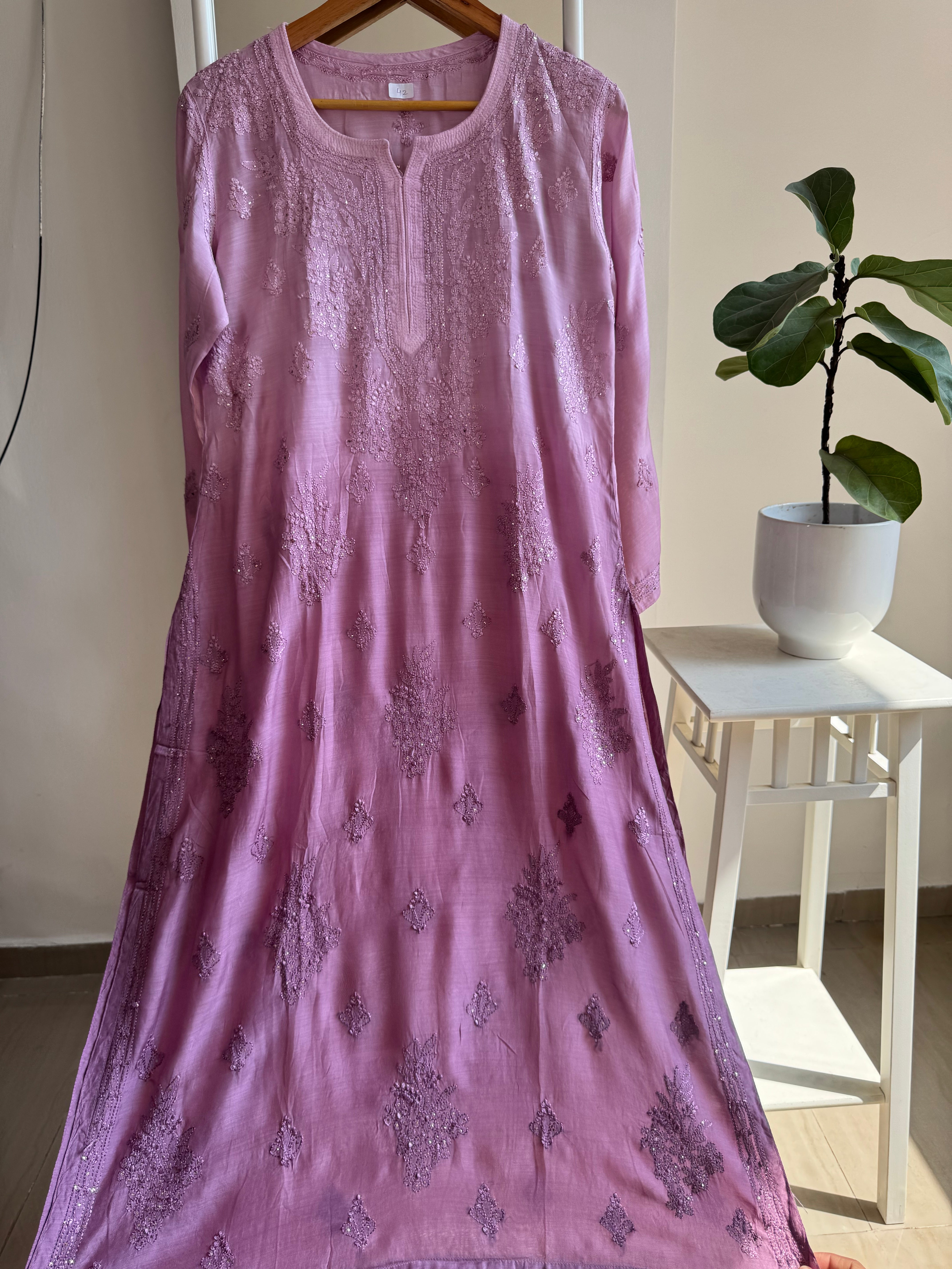 Muslin Chikankari Kurti with Mukaish work - Lavander Ombre ARIAA CHIKANKARI