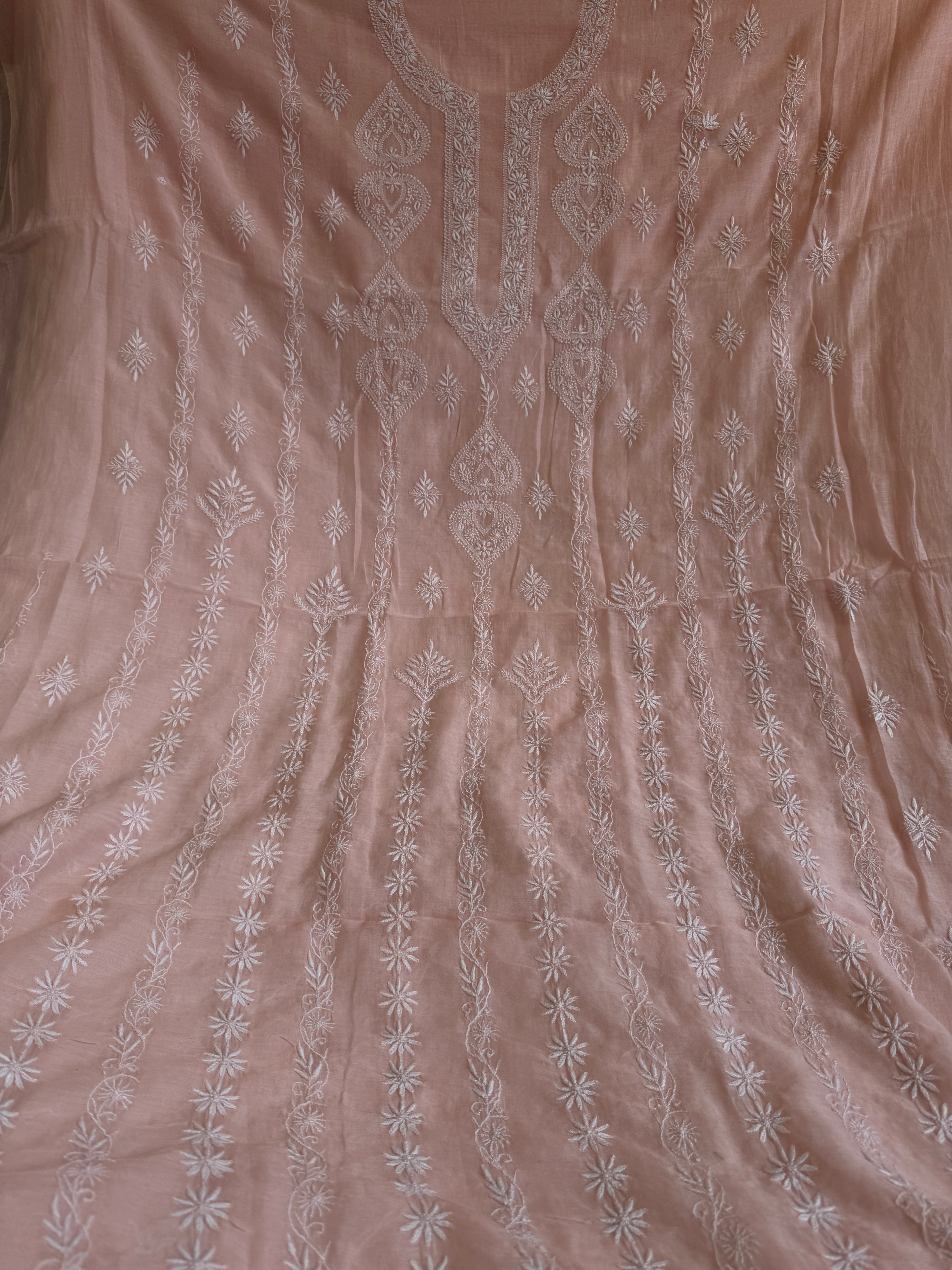 Mul Chanderi Chikankari Unstitched Length with Dupatta - Pale Pink ARIAA CHIKANKARI
