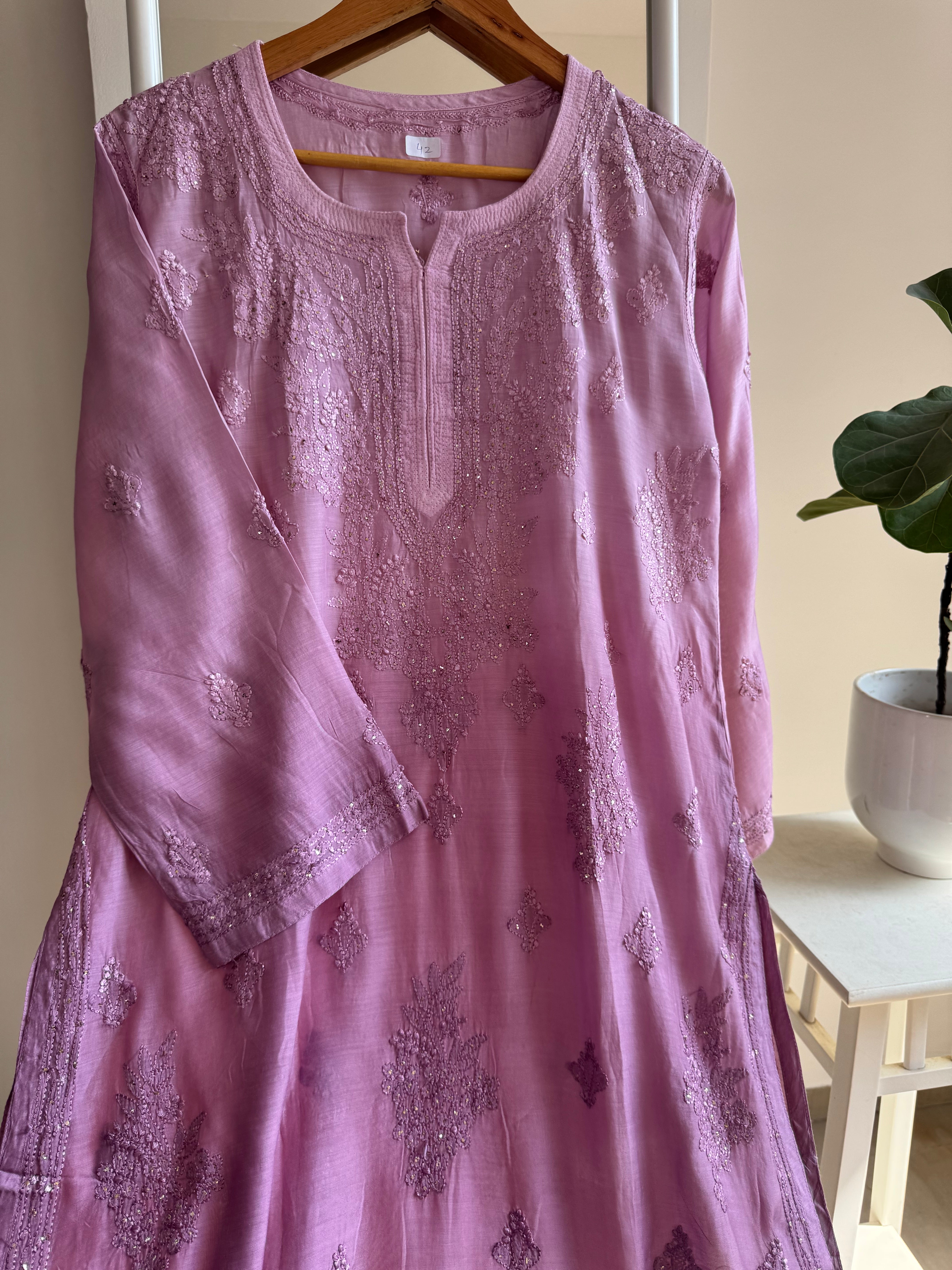 Muslin Chikankari Kurti with Mukaish work - Lavander Ombre ARIAA CHIKANKARI