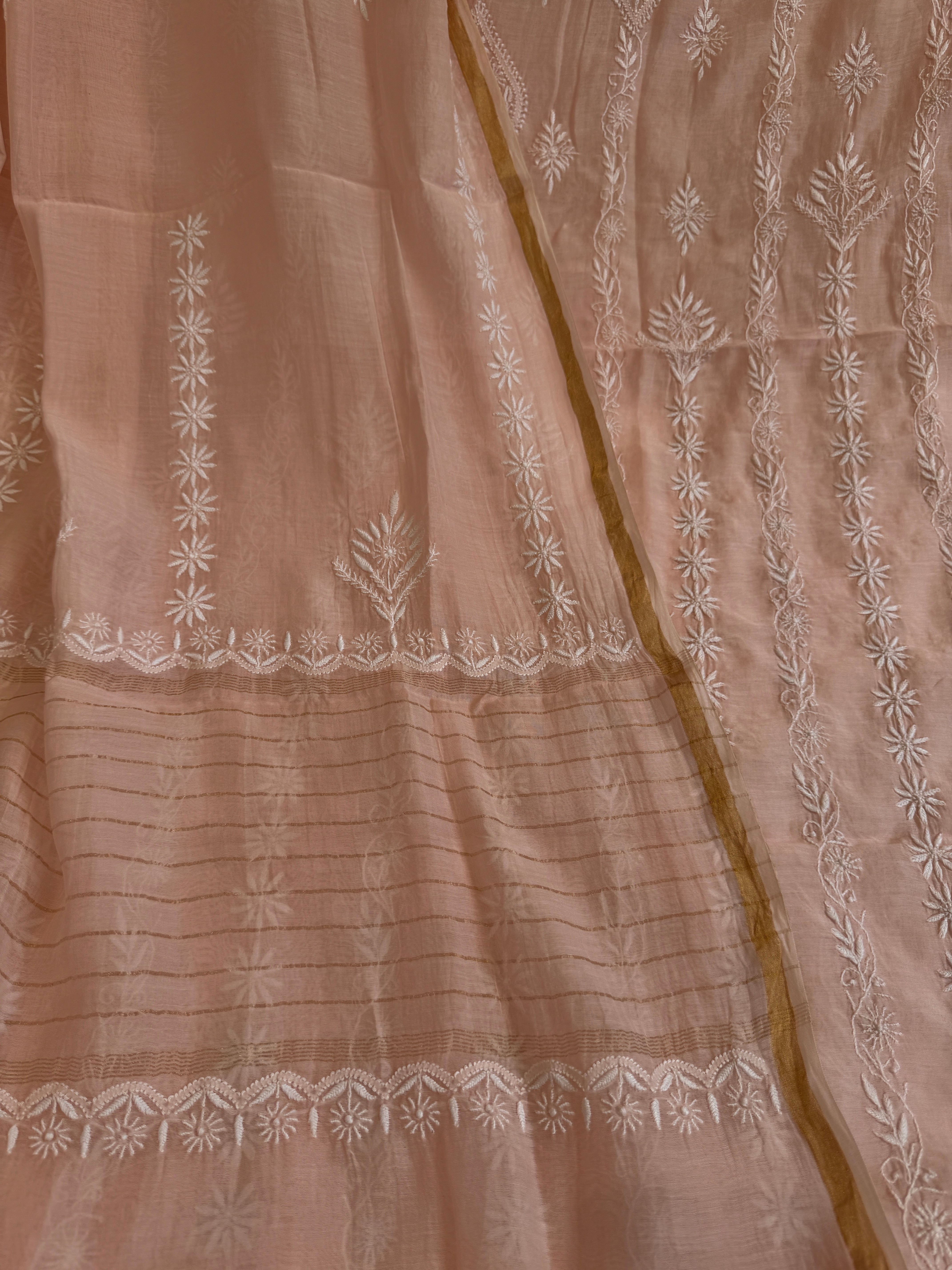 Mul Chanderi Chikankari Unstitched Length with Dupatta - Pale Pink ARIAA CHIKANKARI