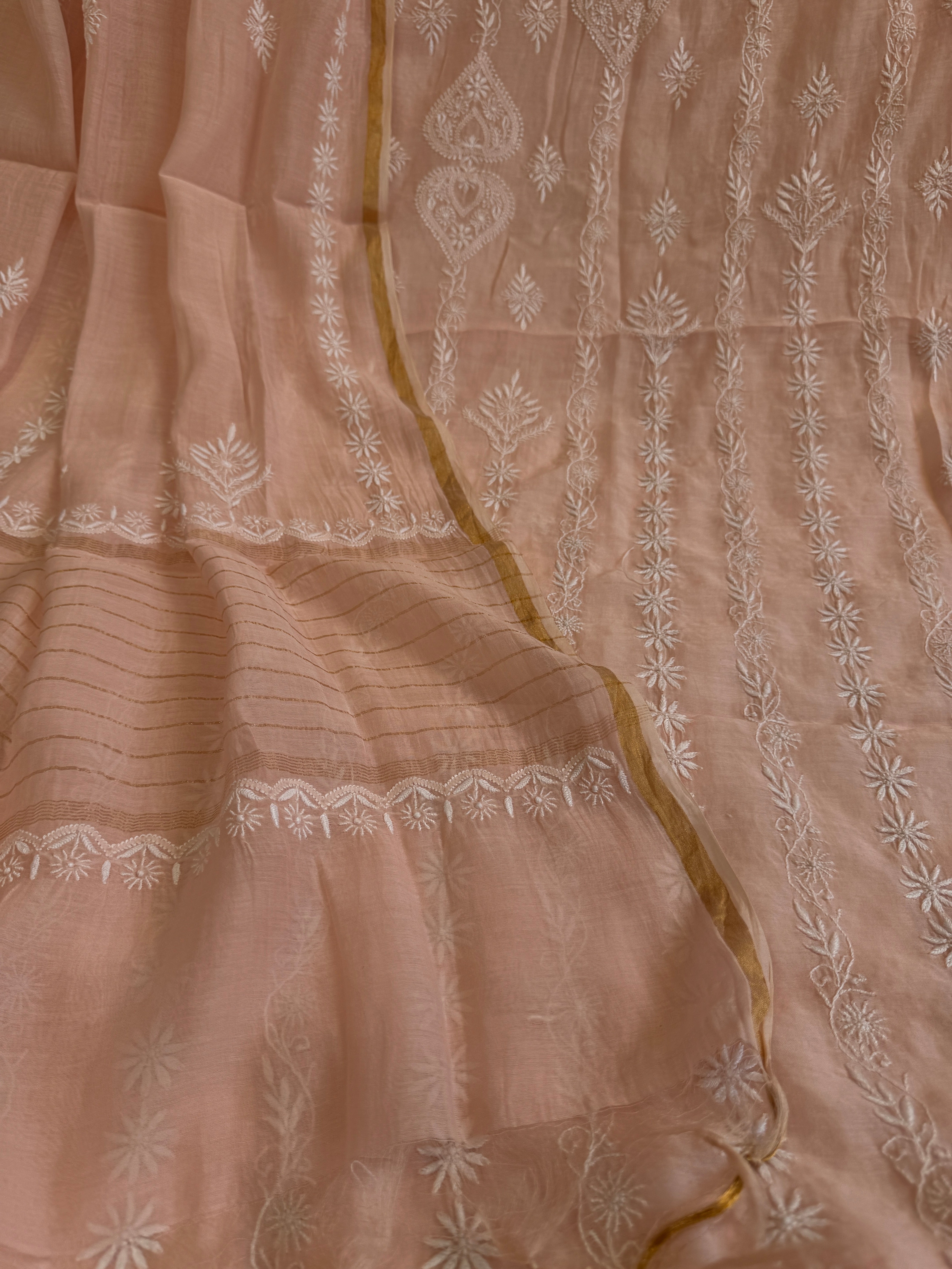 Mul Chanderi Chikankari Unstitched Length with Dupatta - Pale Pink ARIAA CHIKANKARI