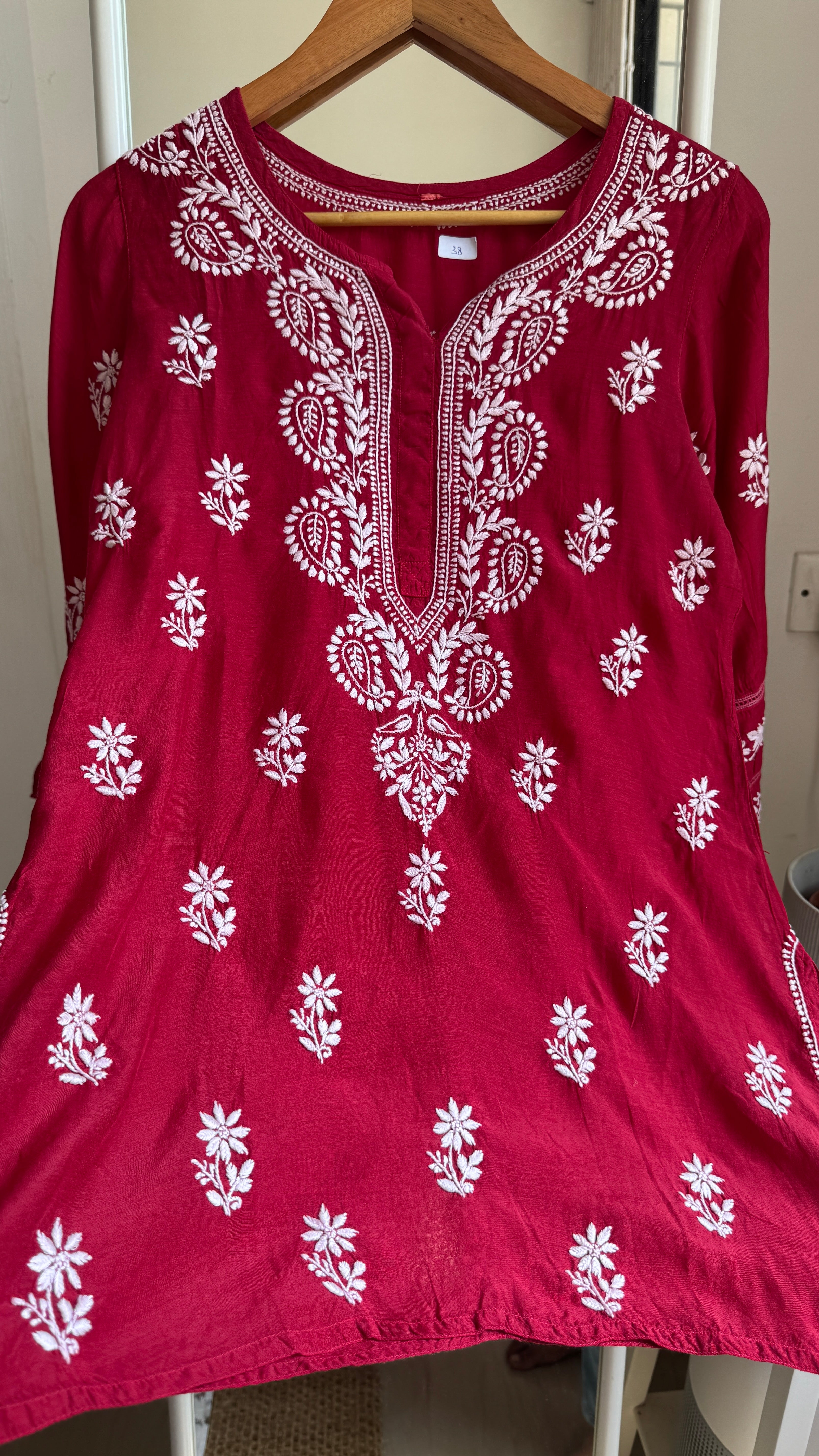 Chikankari Muslin short Top in Red - HOOR Collection