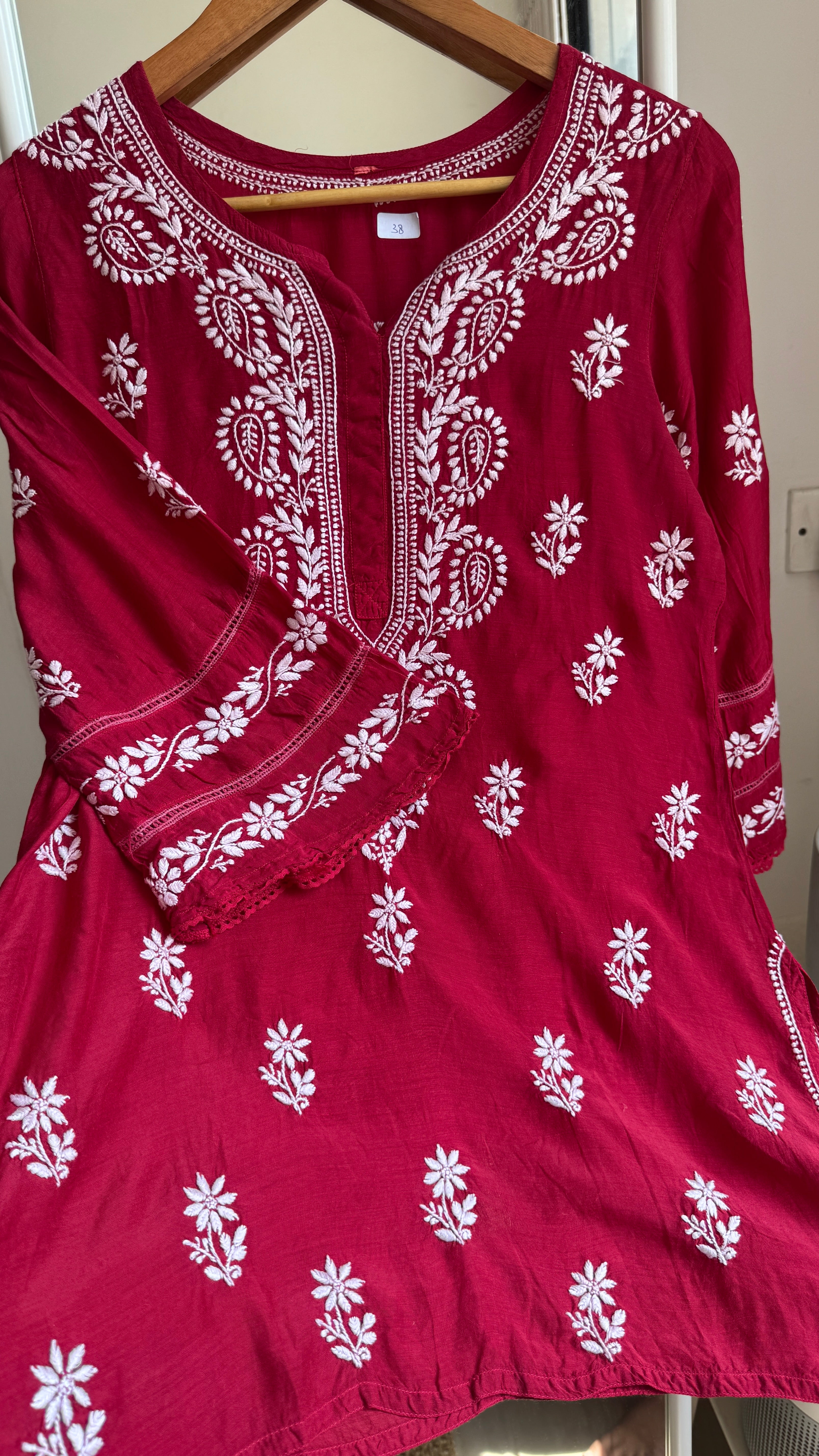 Chikankari Muslin short Top in Red - HOOR Collection