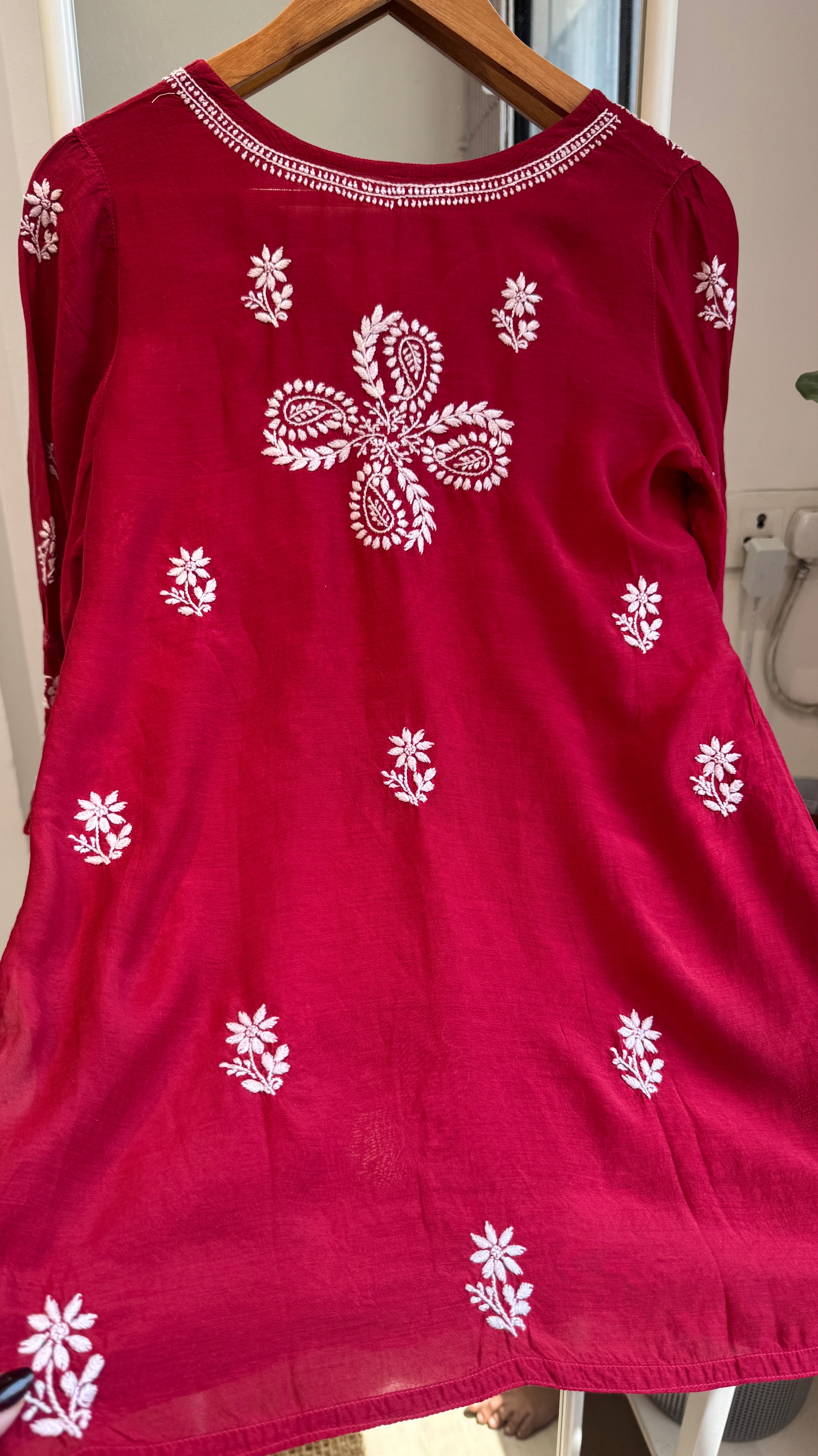 Chikankari Muslin short Top in Red - HOOR Collection