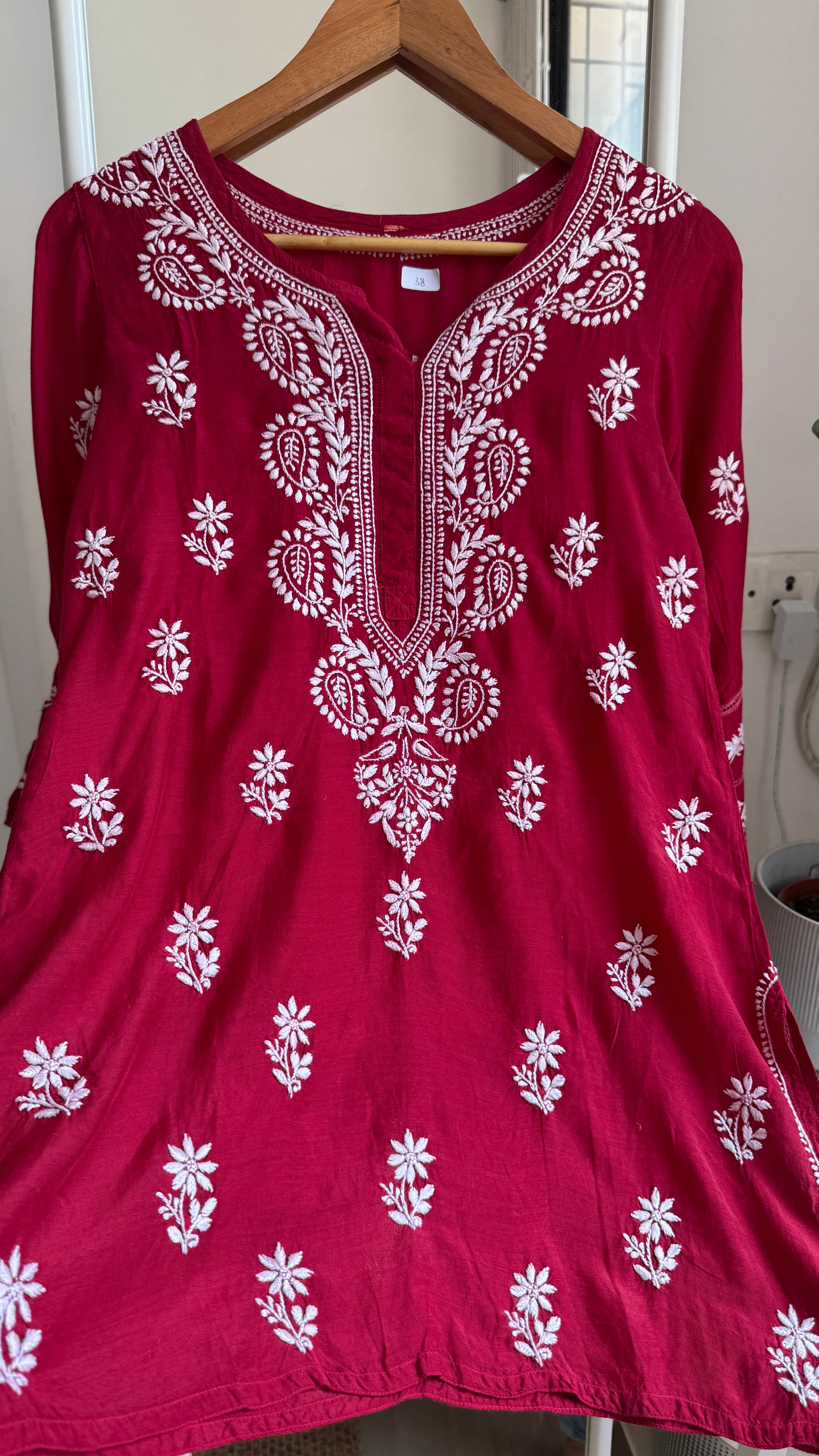 Chikankari Muslin short Top in Red - HOOR Collection