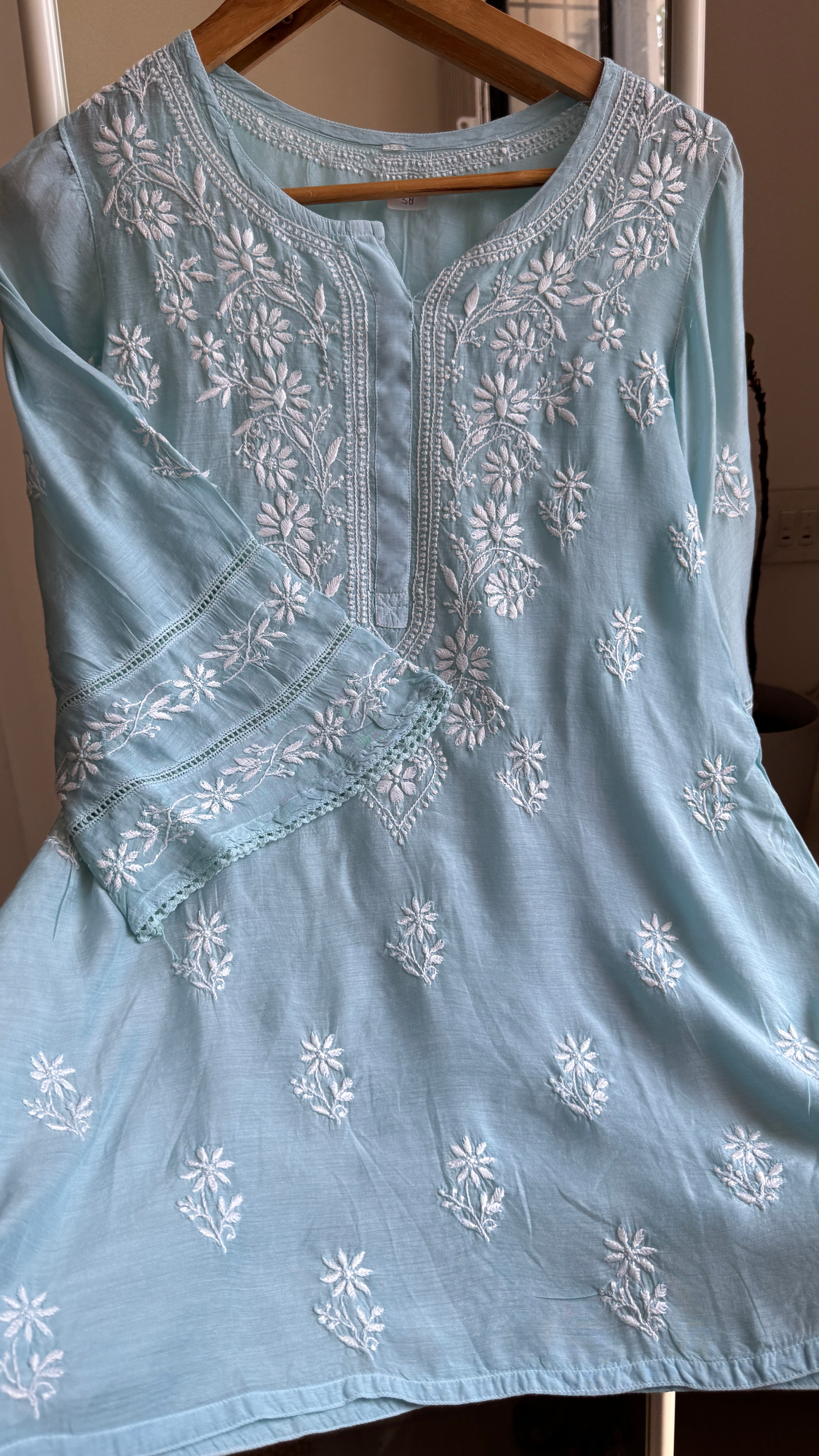 Chikankari Muslin short Top in Sea Green - HOOR Collection