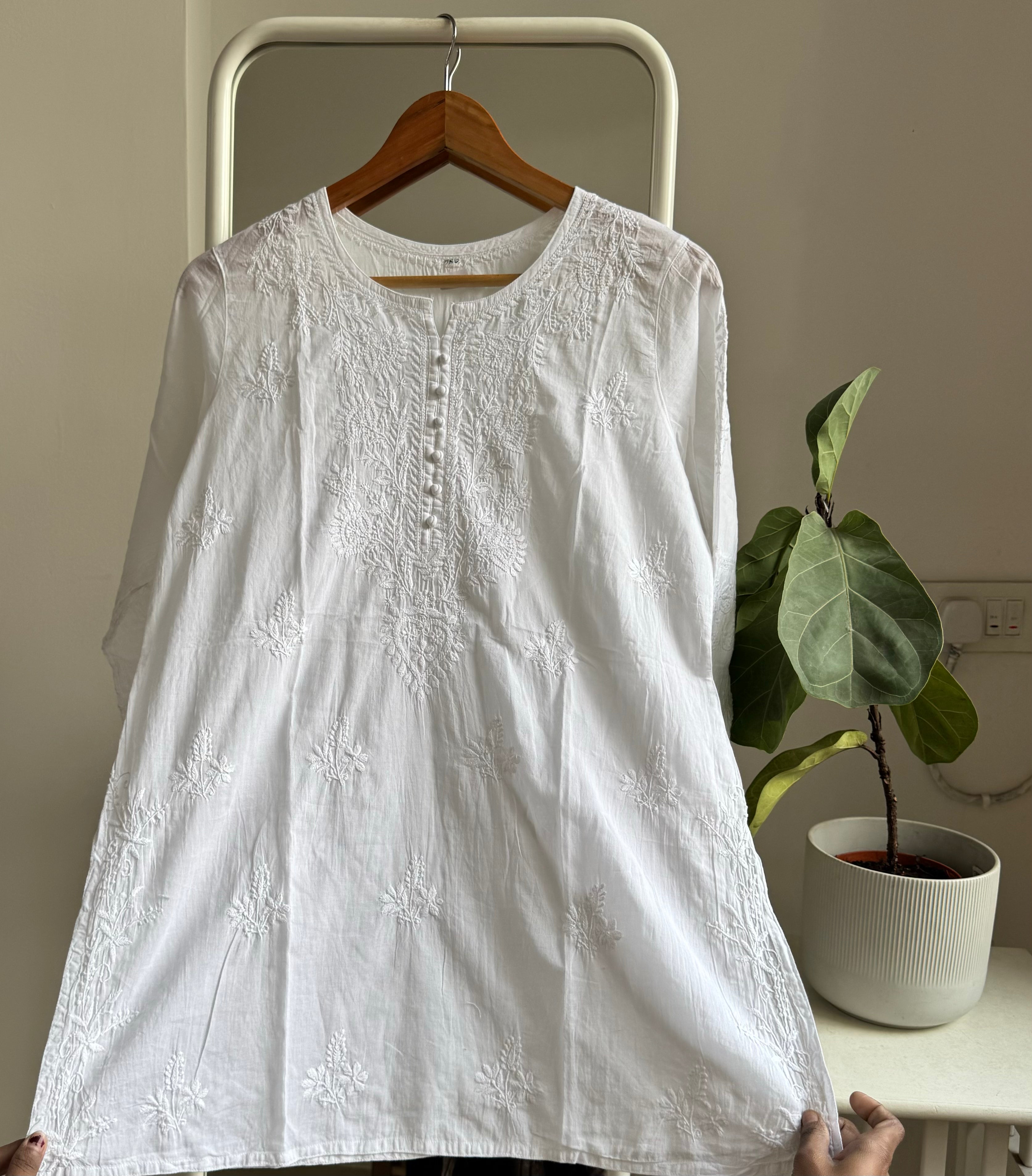 Mul Cotton Chikankari Full sleeves short Top - White ARIAA CHIKANKARI