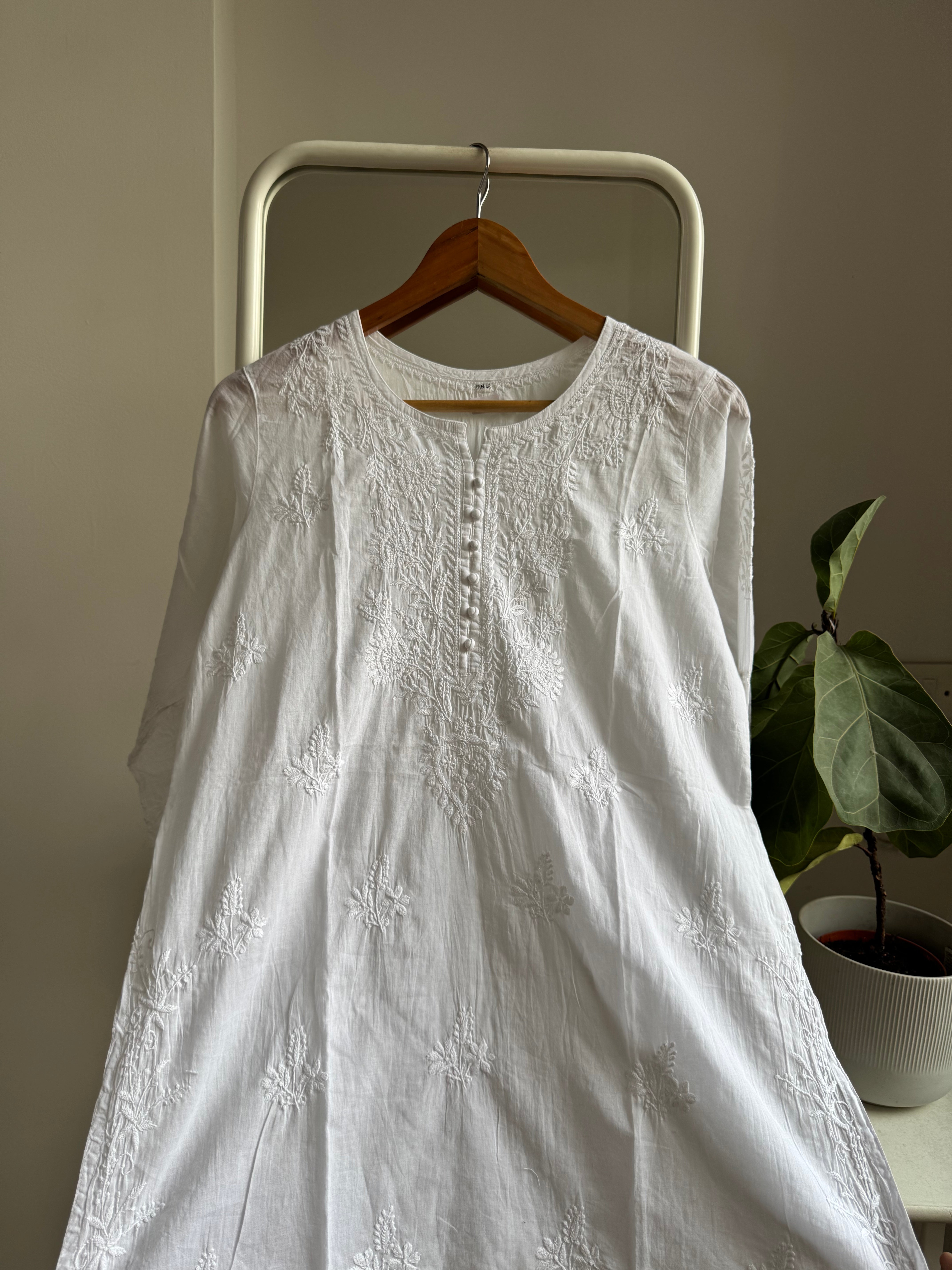 Mul Cotton Chikankari Full sleeves short Top - White ARIAA CHIKANKARI