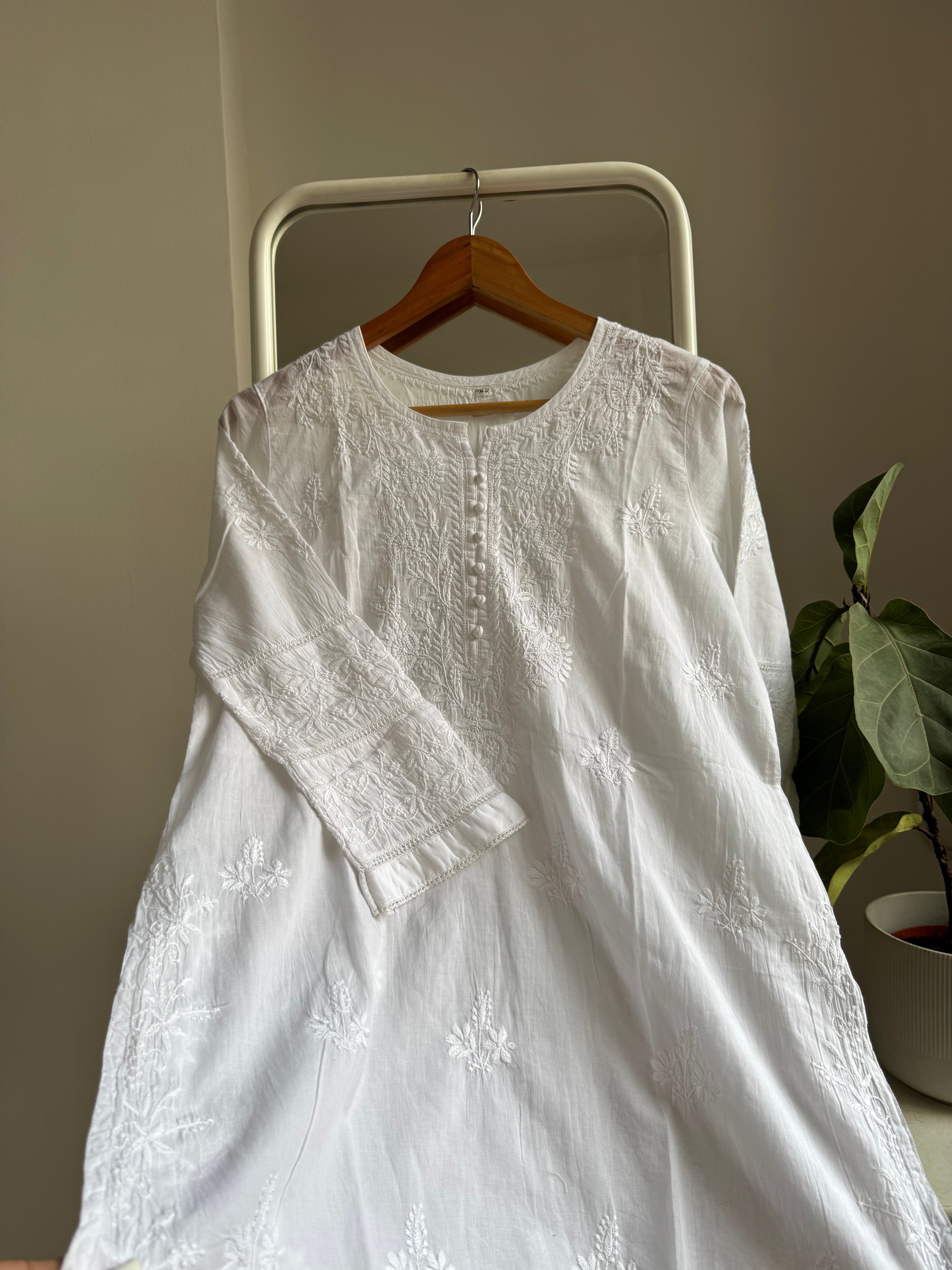 Mul Cotton Chikankari Full sleeves short Top - White ARIAA CHIKANKARI