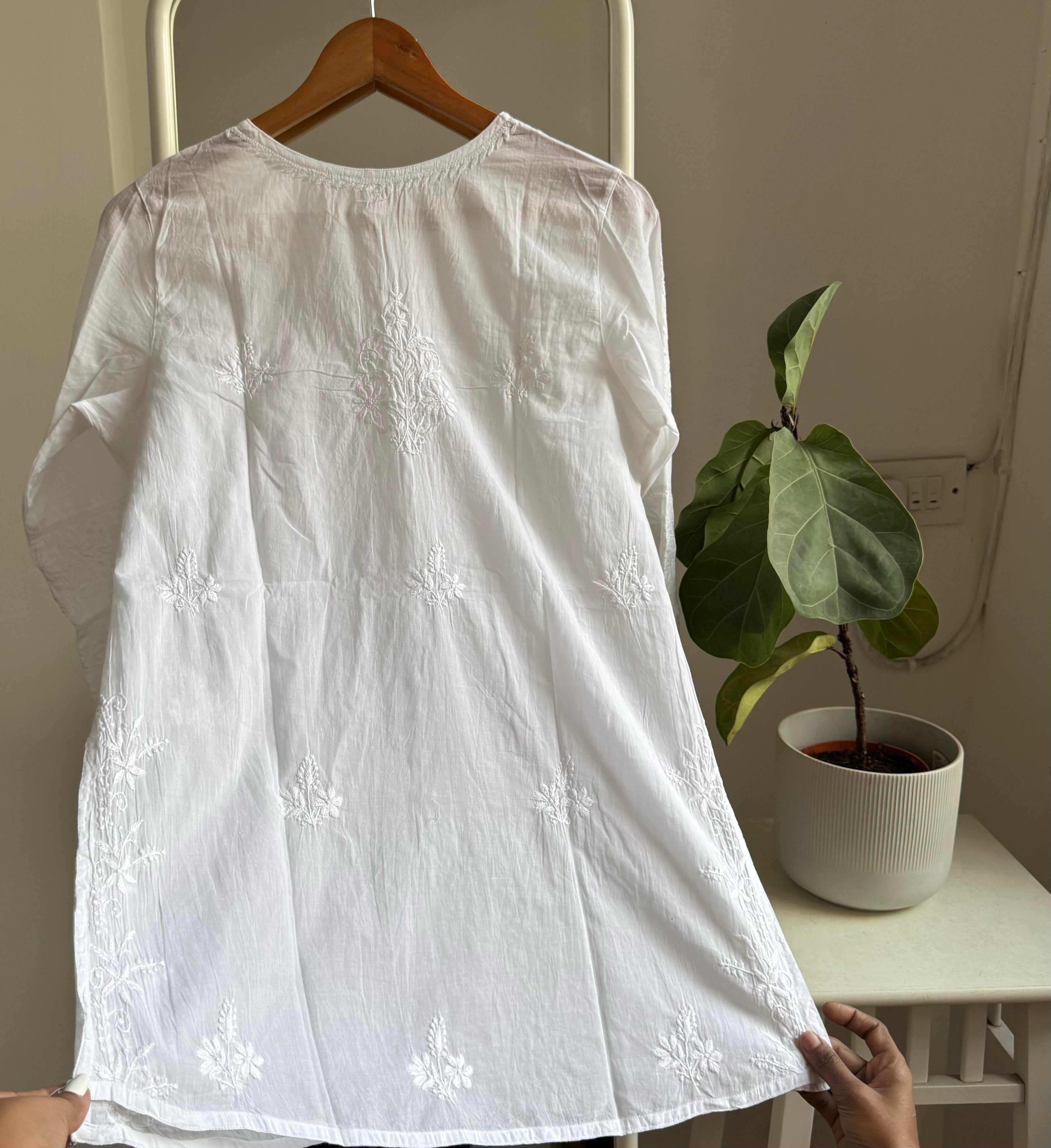 Mul Cotton Chikankari Full sleeves short Top - White ARIAA CHIKANKARI
