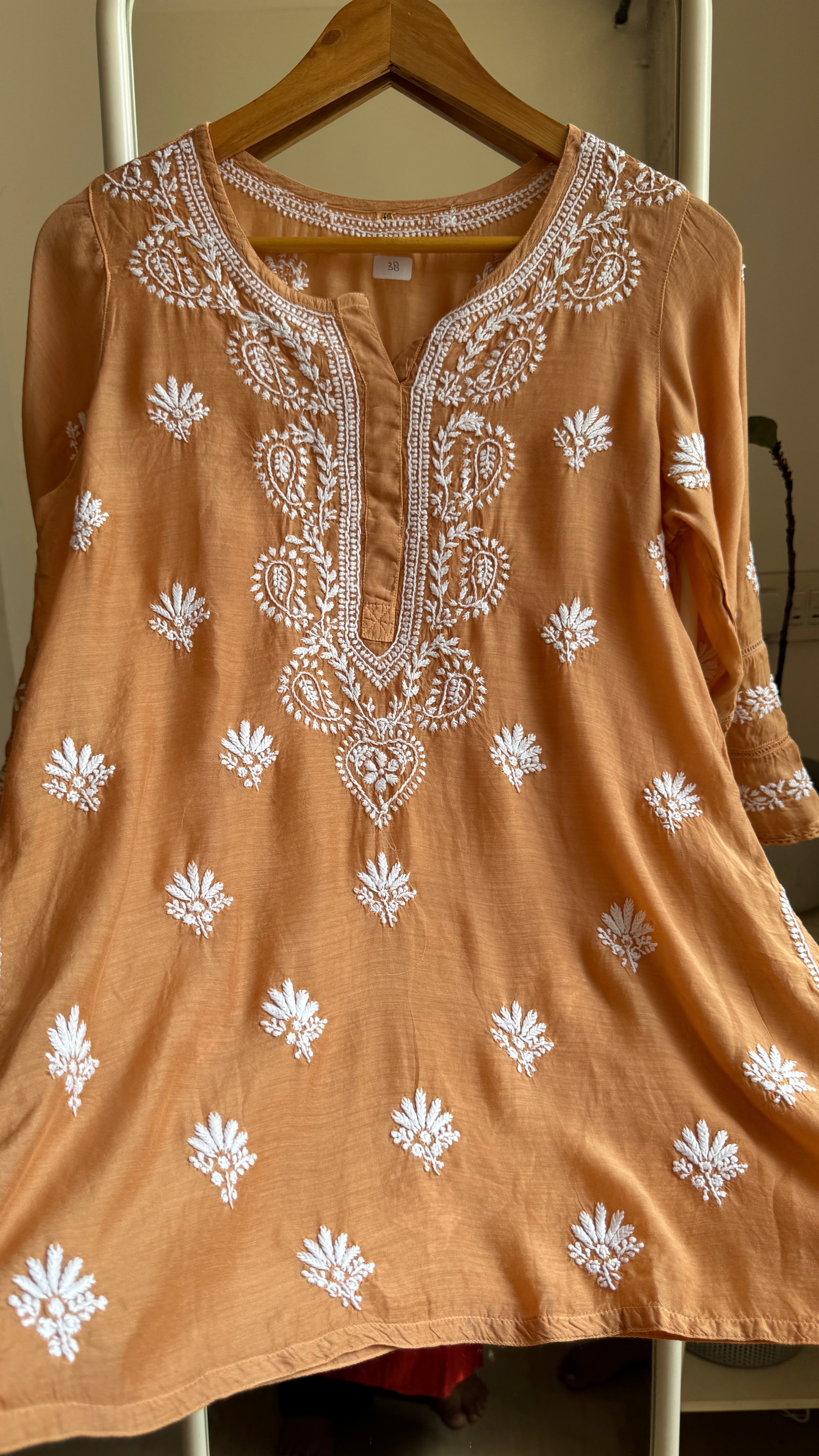 Chikankari Muslin short Top in Copper Brown - HOOR Collection