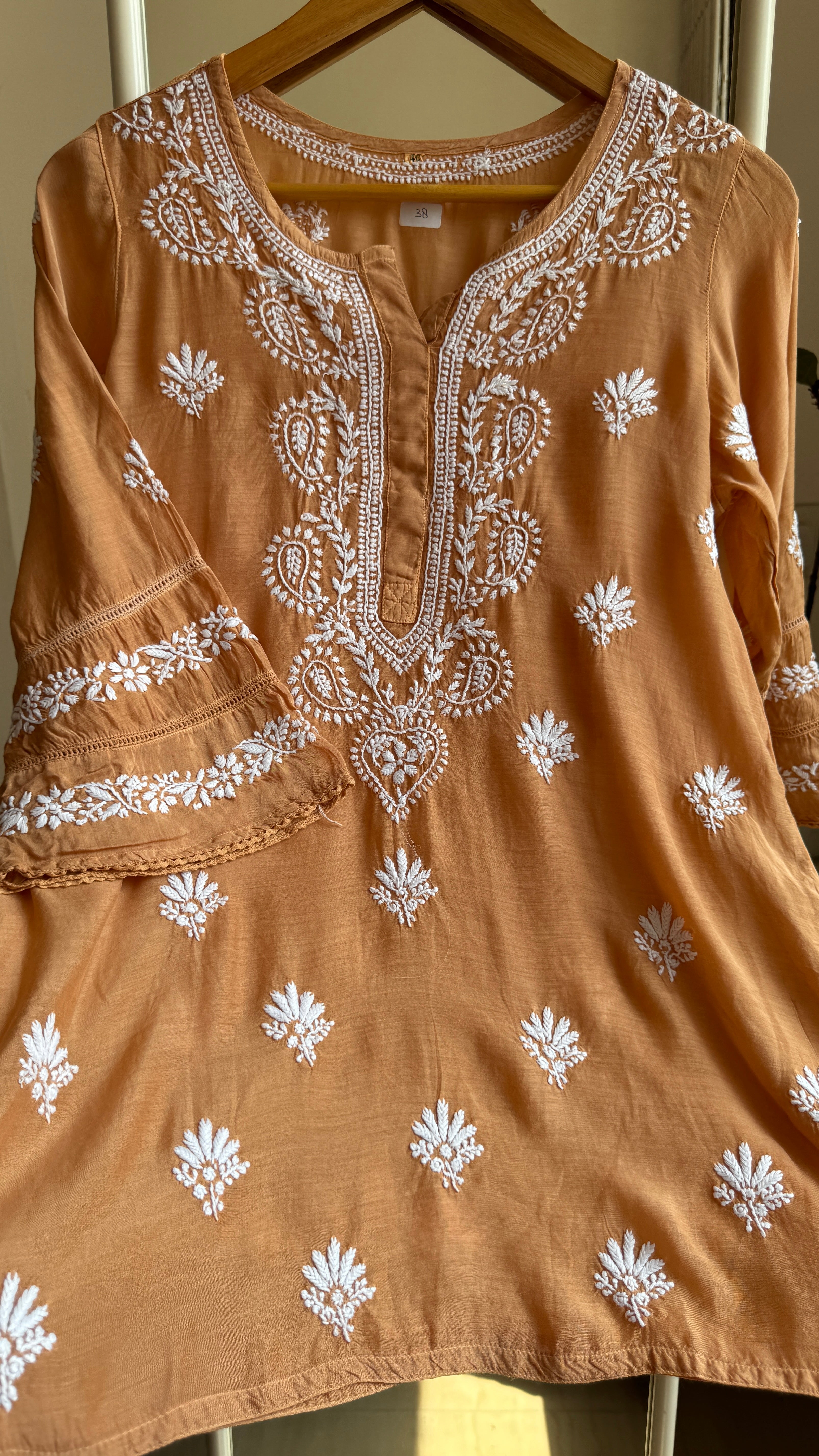 Chikankari Muslin short Top in Copper Brown - HOOR Collection