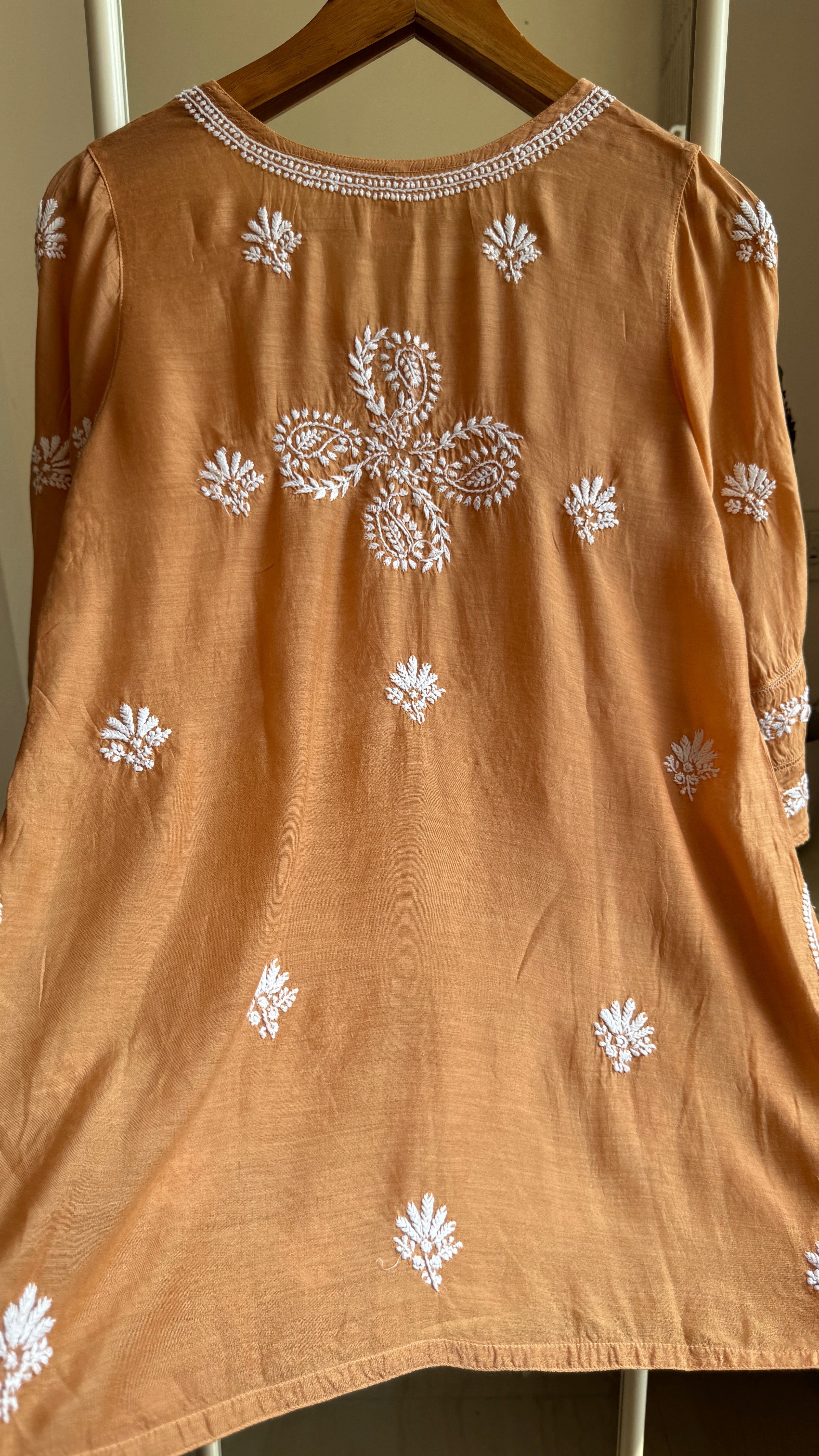 Chikankari Muslin short Top in Copper Brown - HOOR Collection