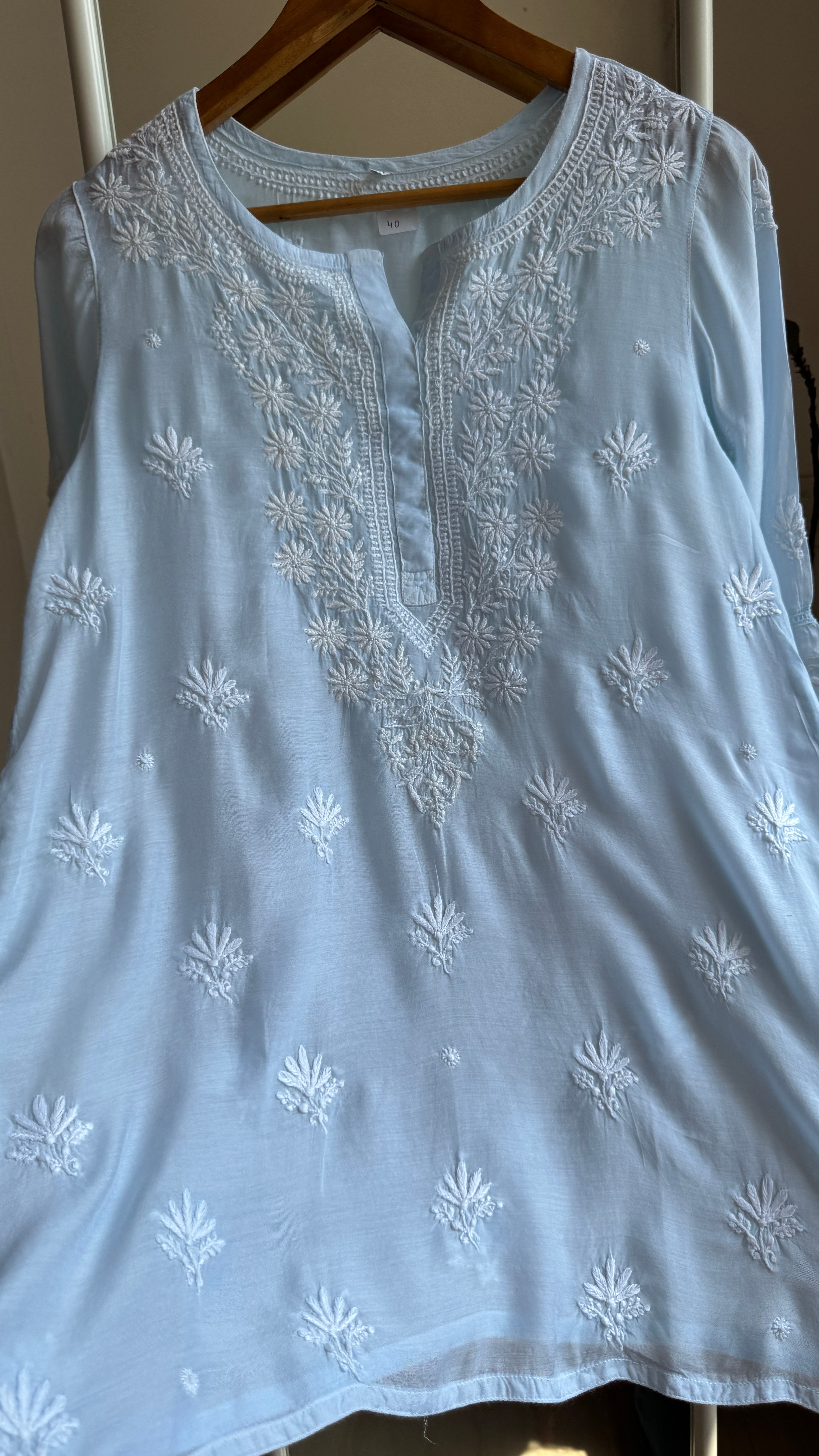 Chikankari Muslin short Top in Baby Blue - HOOR Collection