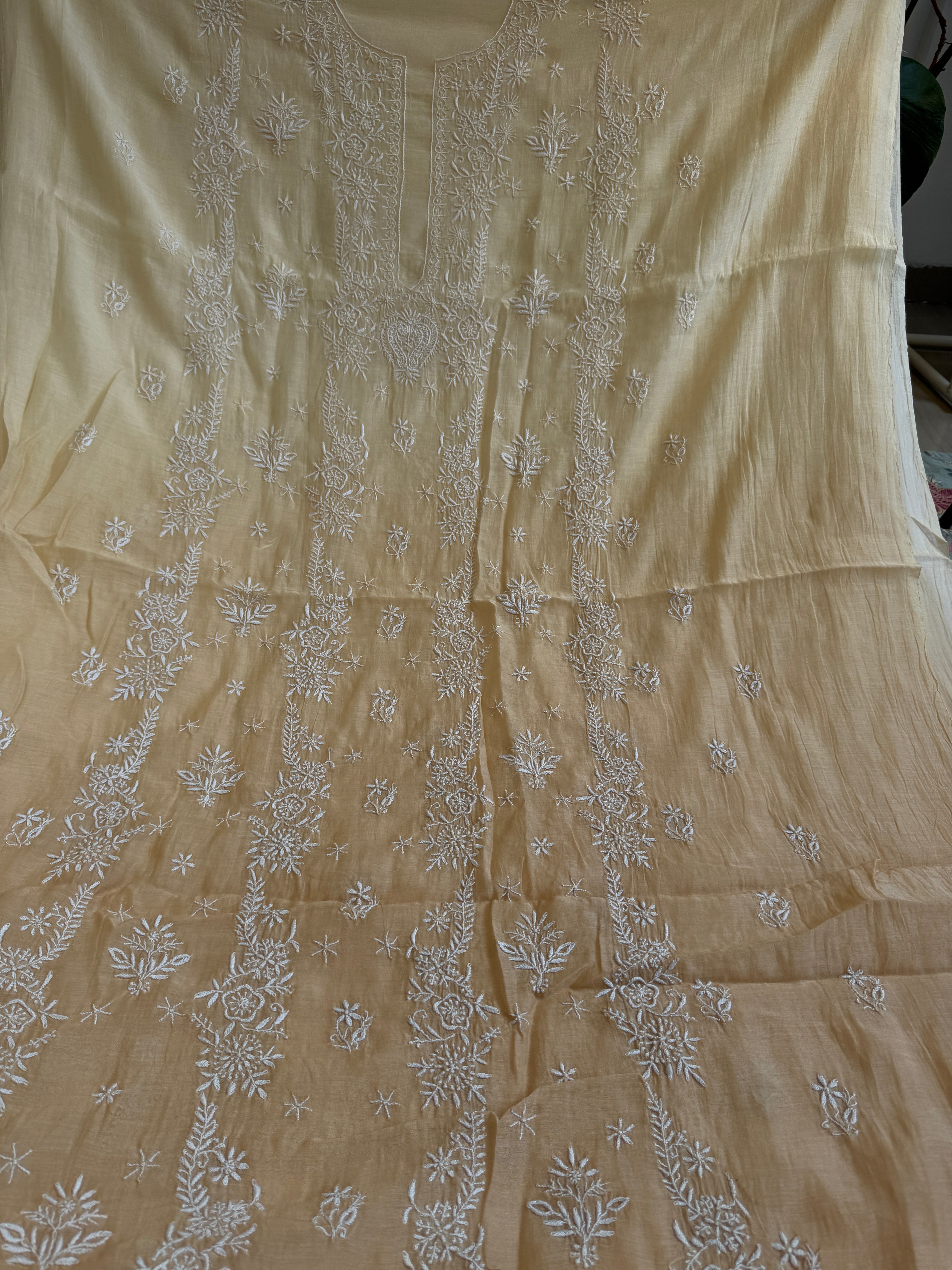 Mul Chanderi Chikankari Unstitched Length with Dupatta -Beige Ombre ARIAA CHIKANKARI