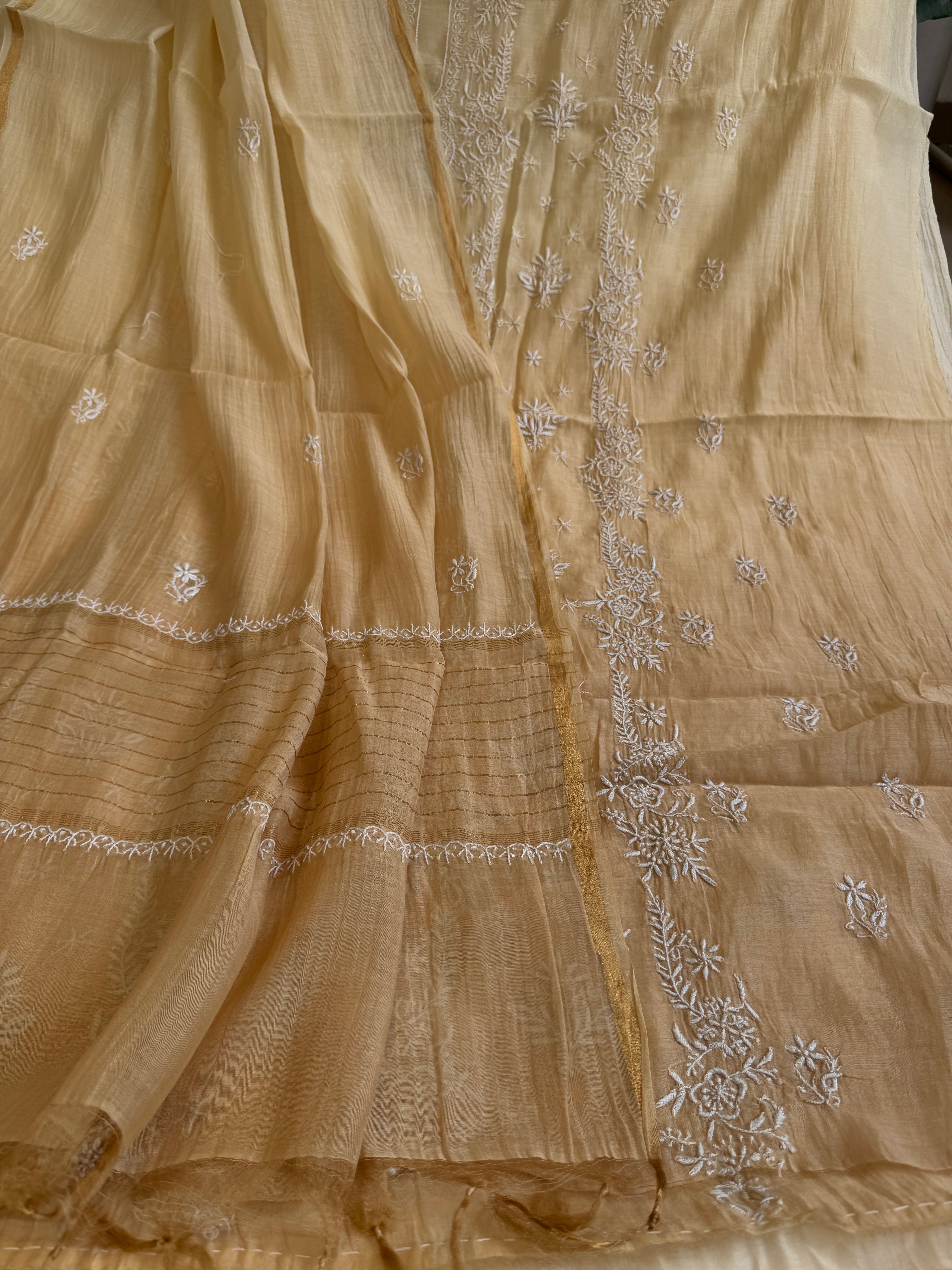 Mul Chanderi Chikankari Unstitched Length with Dupatta -Beige Ombre ARIAA CHIKANKARI