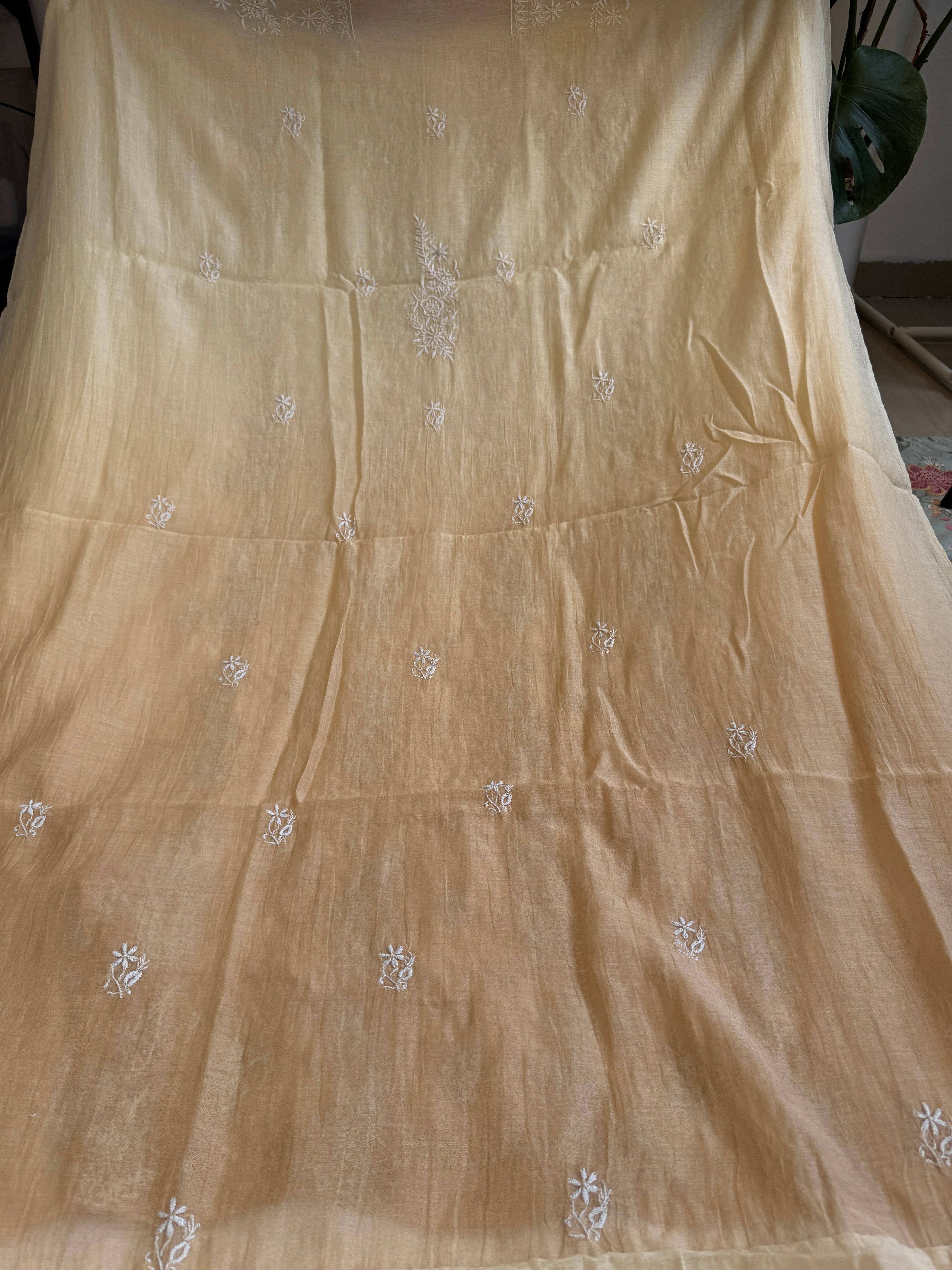 Mul Chanderi Chikankari Unstitched Length with Dupatta -Beige Ombre ARIAA CHIKANKARI