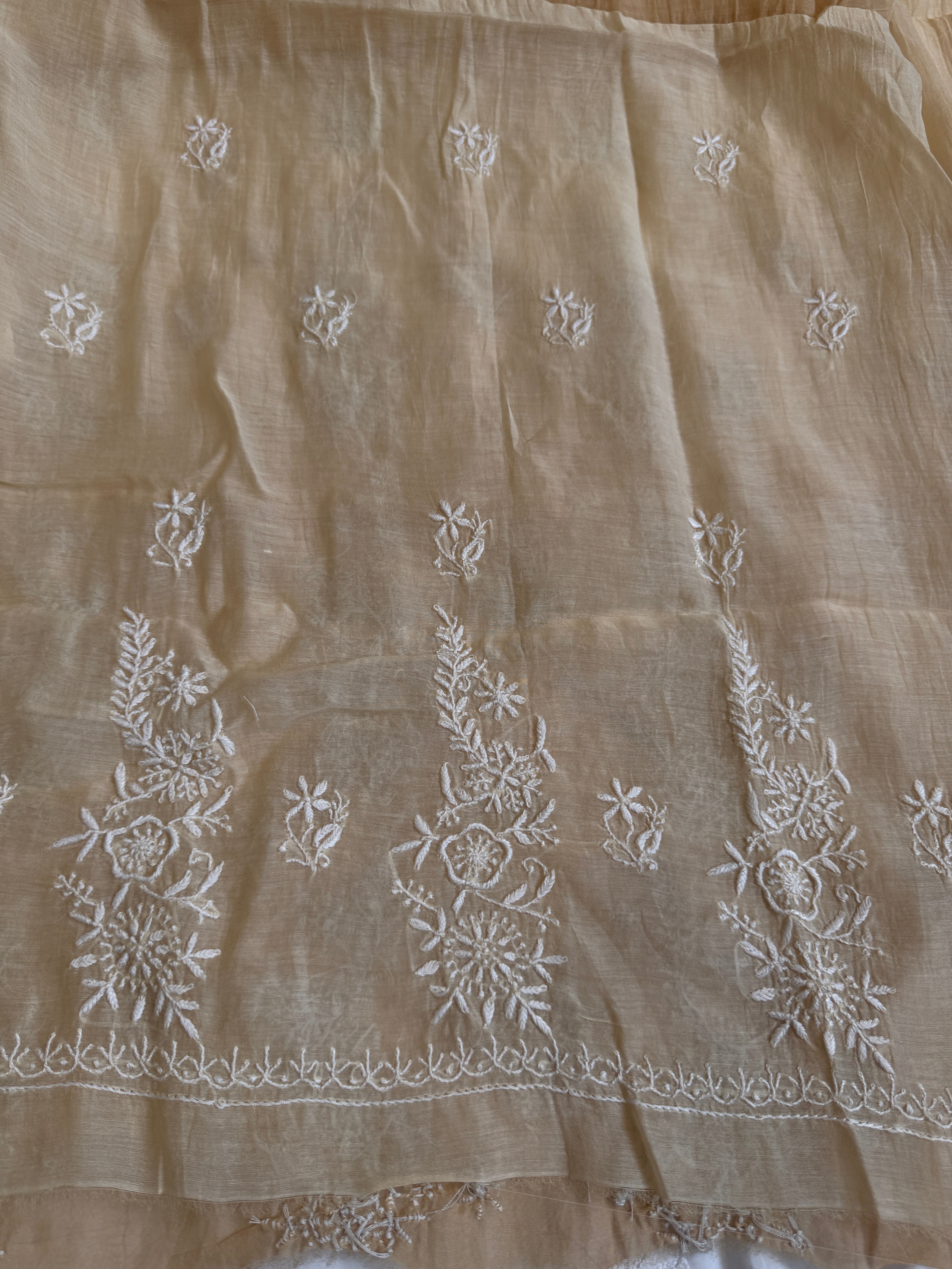 Mul Chanderi Chikankari Unstitched Length with Dupatta -Beige Ombre ARIAA CHIKANKARI