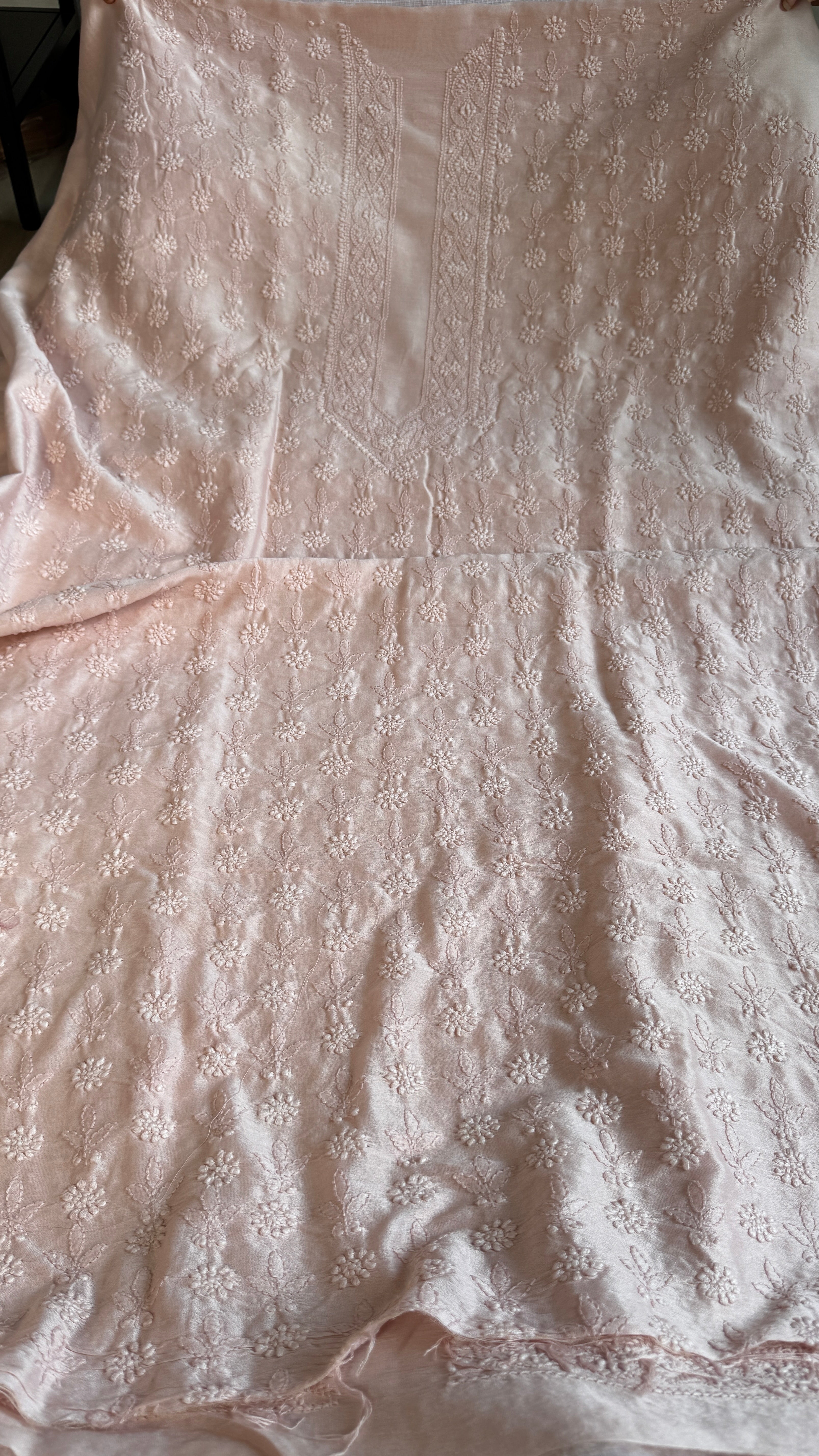 Chanderi Chikankari Kurta Length - Mens- Pale pink