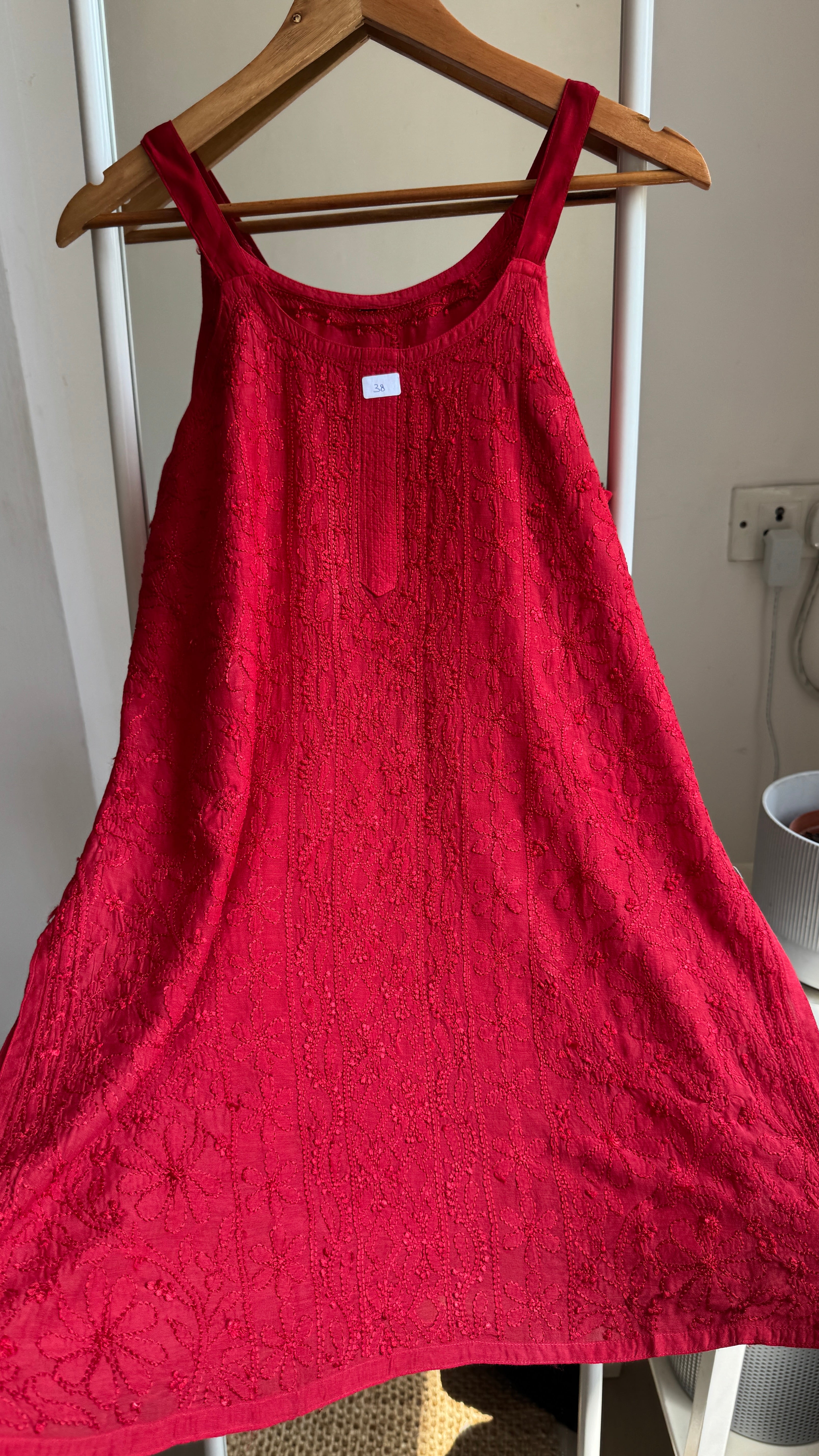 Muslin Chikankari Noodle Strap short Top - Red