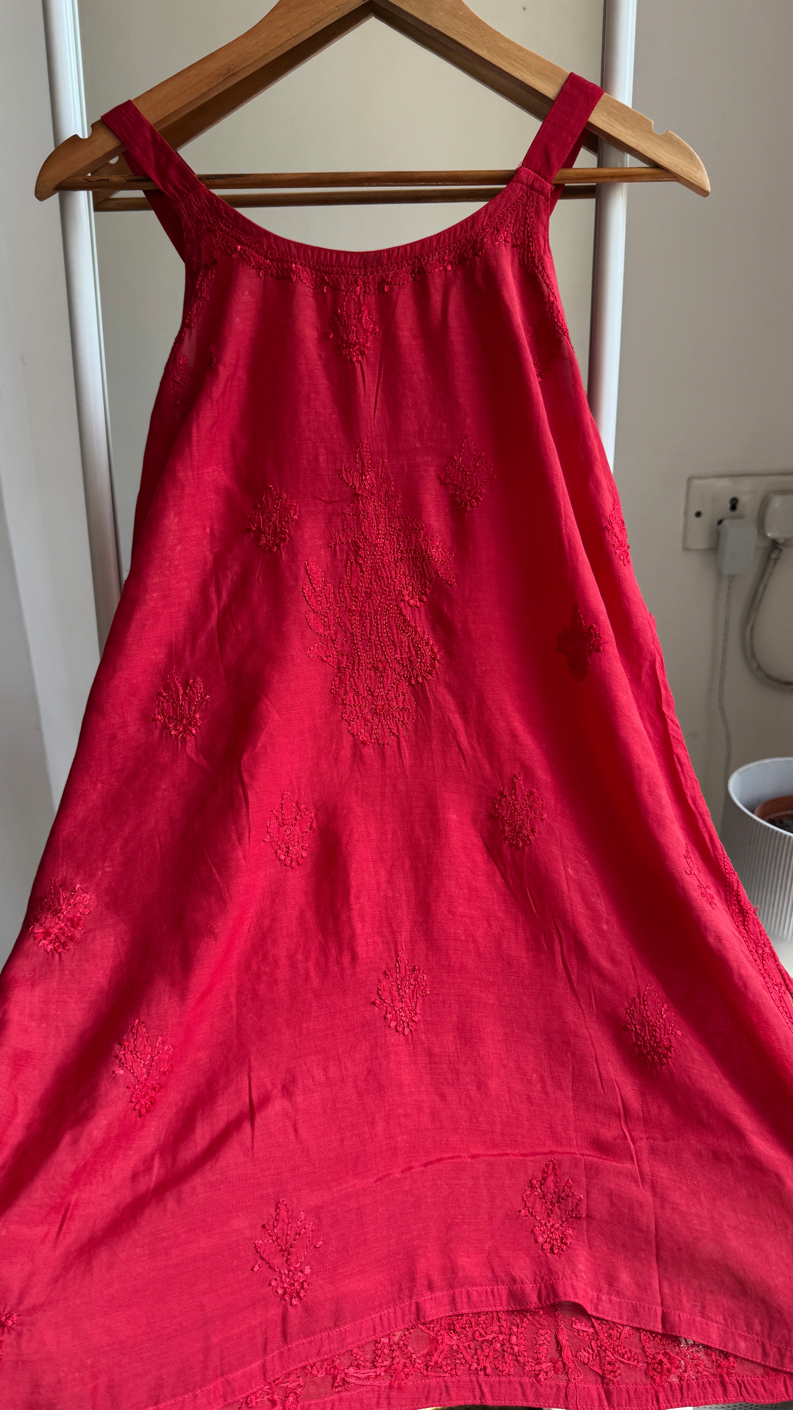 Muslin Chikankari Noodle Strap short Top - Red