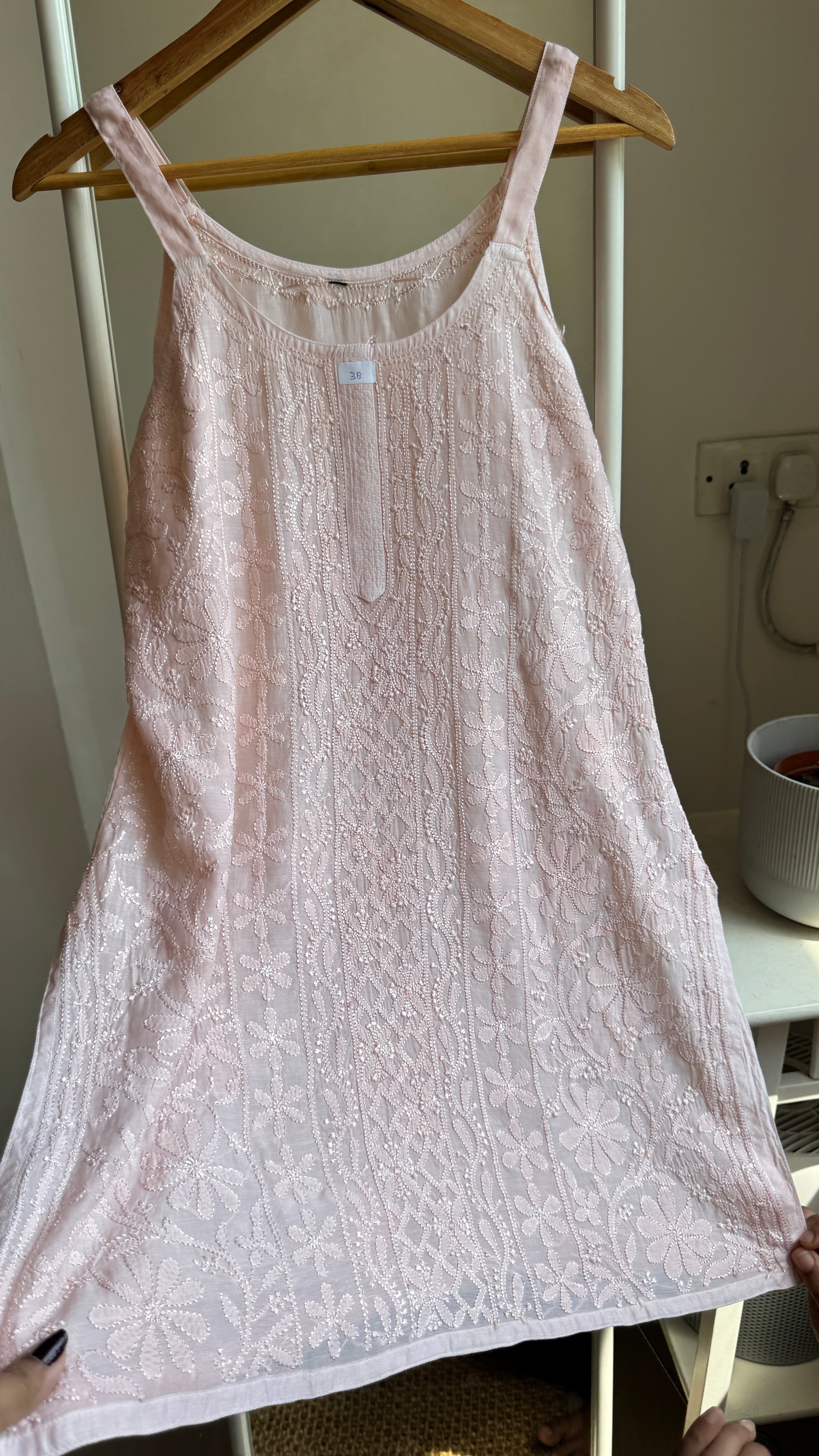 Muslin Chikankari Noodle Strap short Top - Pale Pink