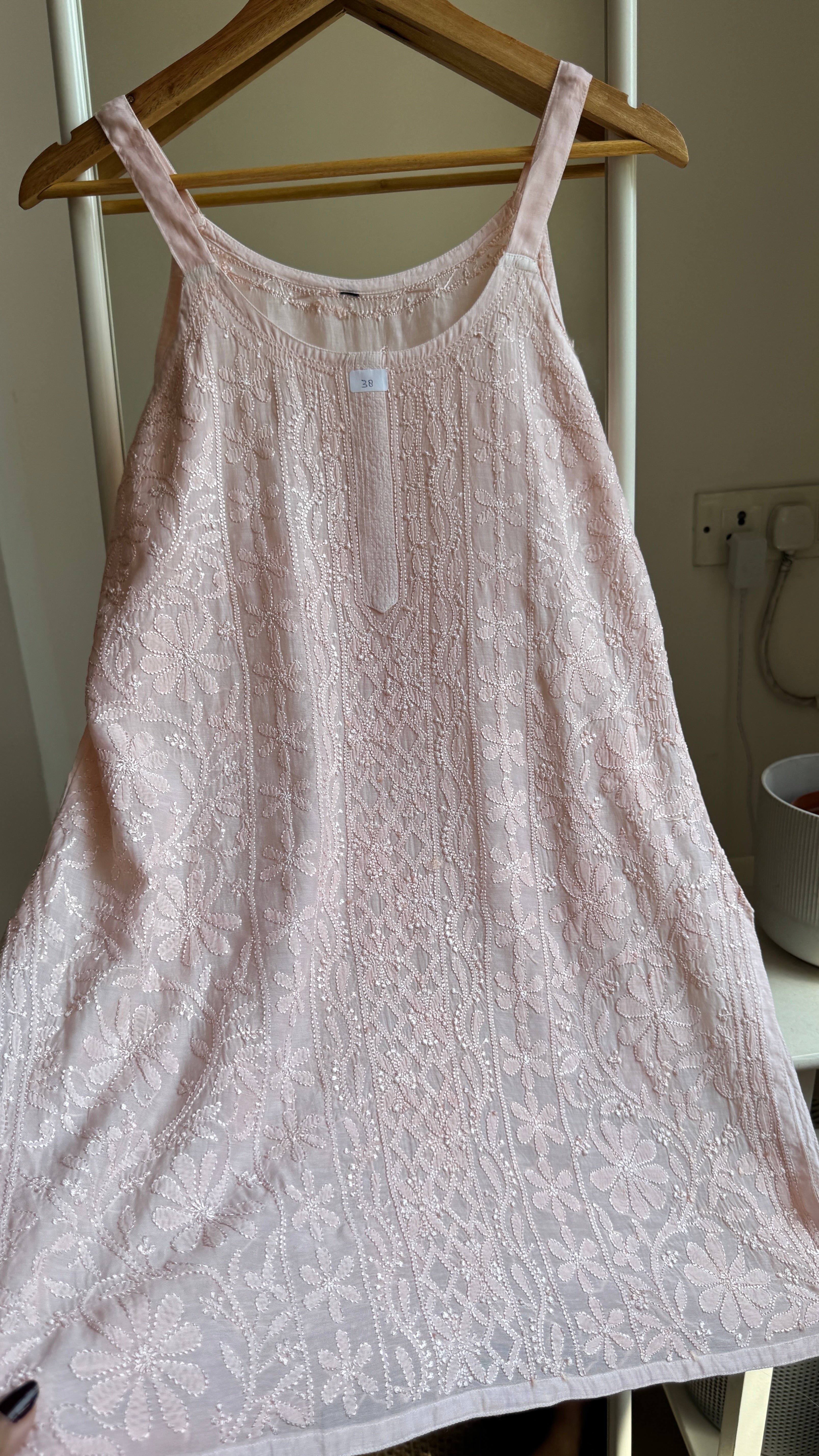 Muslin Chikankari Noodle Strap short Top - Pale Pink