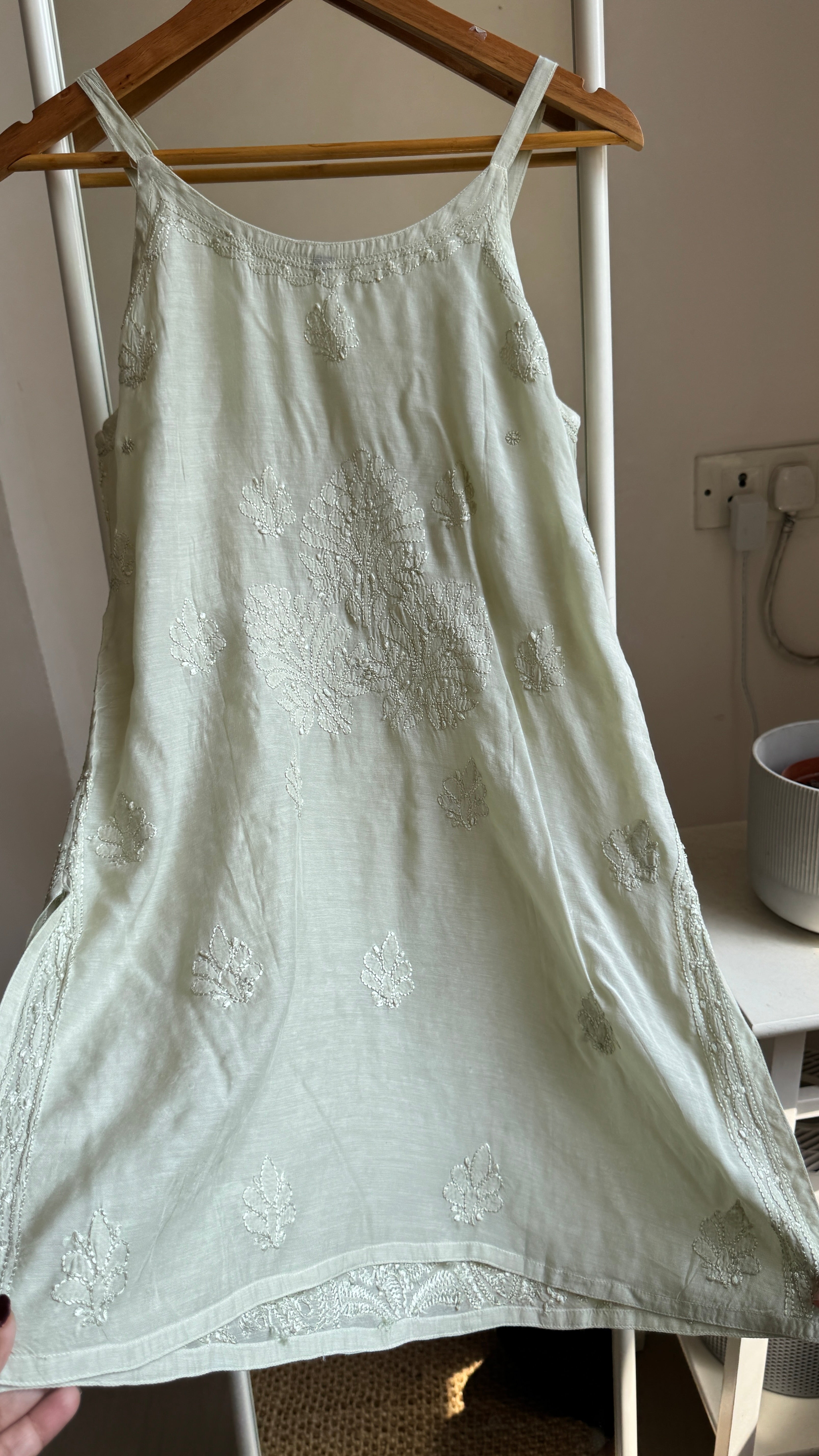 Muslin Chikankari Noodle Strap short Top - Sheen Green