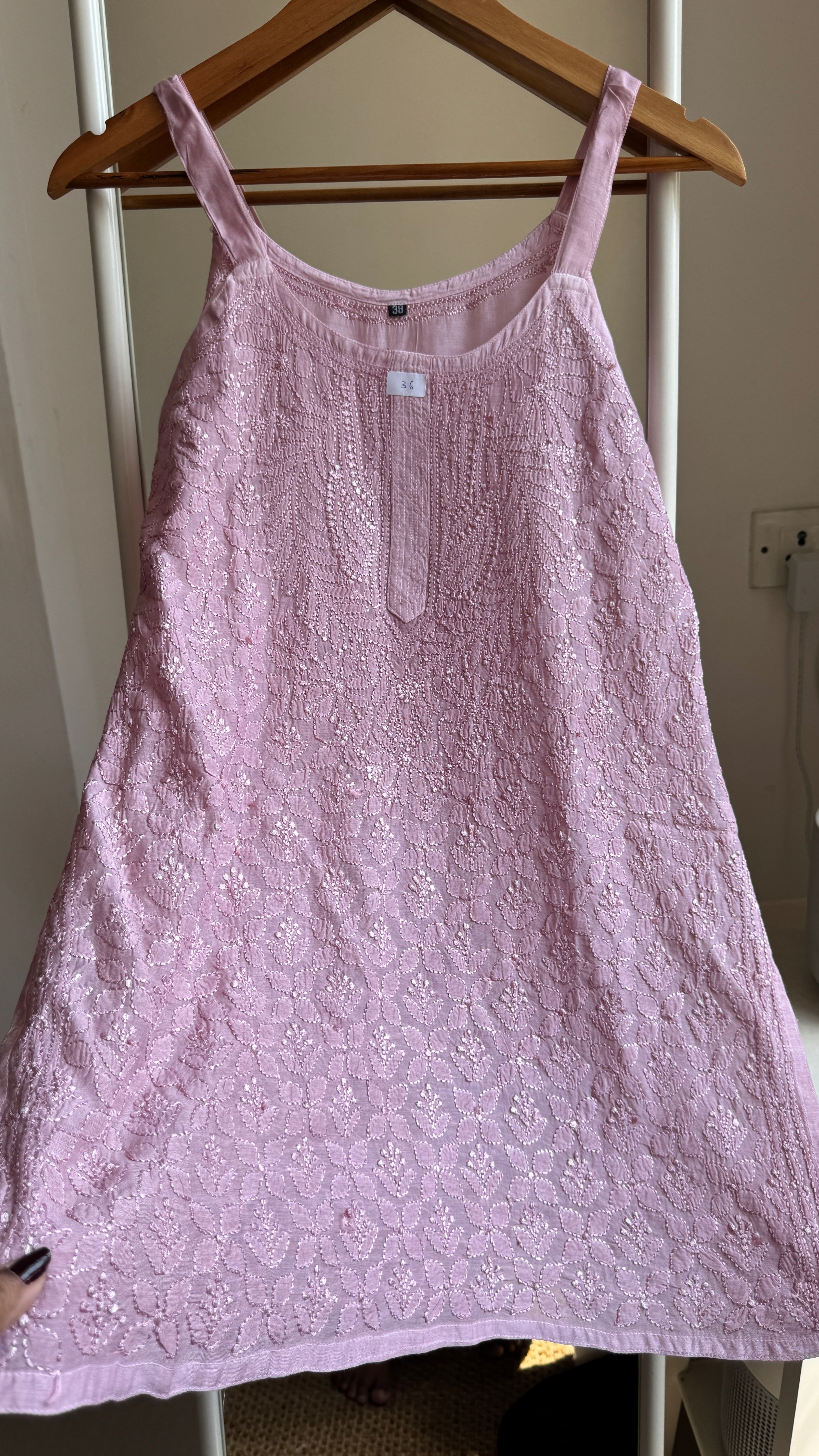 Muslin Chikankari Noodle Strap short Top - Onion Pink